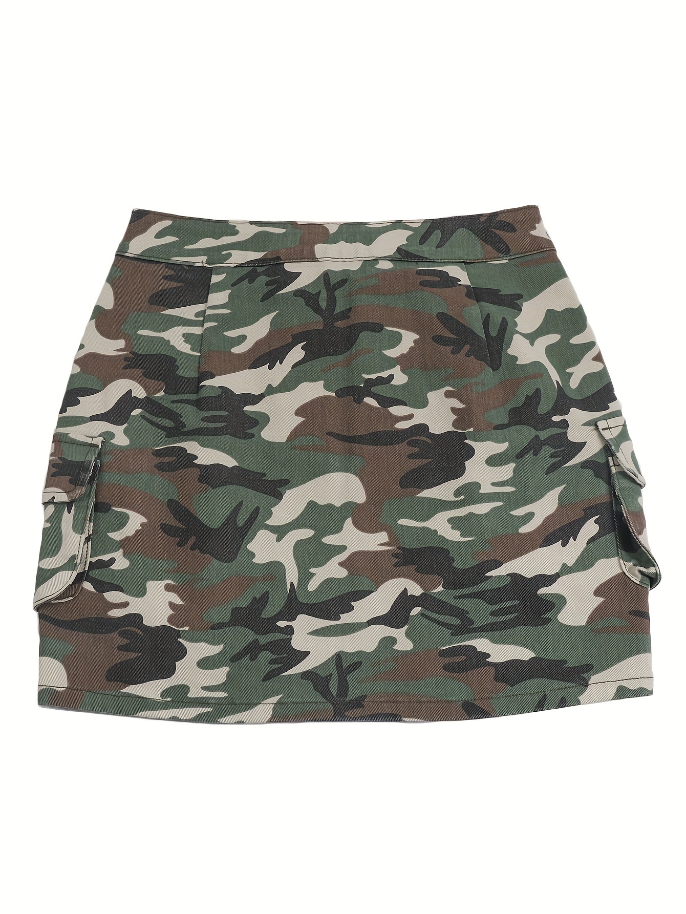Camo Print Side Flap Pocket Retro Style Streetwear Bodycon Mini Denim Skirt, Women's Denim Jeans & Clothing