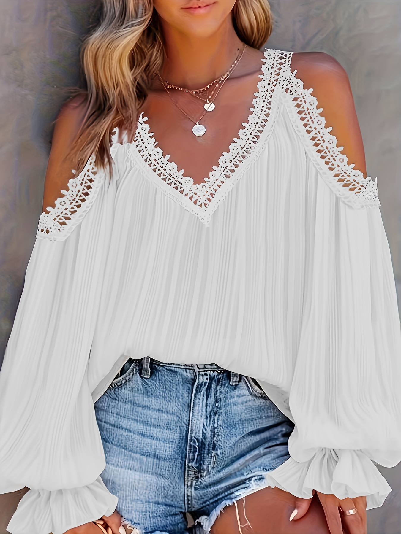 Lace Splicing V Neck Blouse, Elegant Cold Shoulder Long Sleeve Blouse For Spring & Fall, Women's Clothing