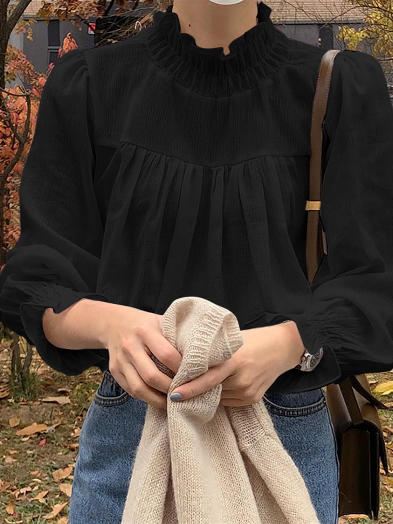 Ruffle Trim Mock Neck Blouse, Casual Solid Long Sleeve Pleated Shirred Blouse For Spring & Fall, Women's Clothing