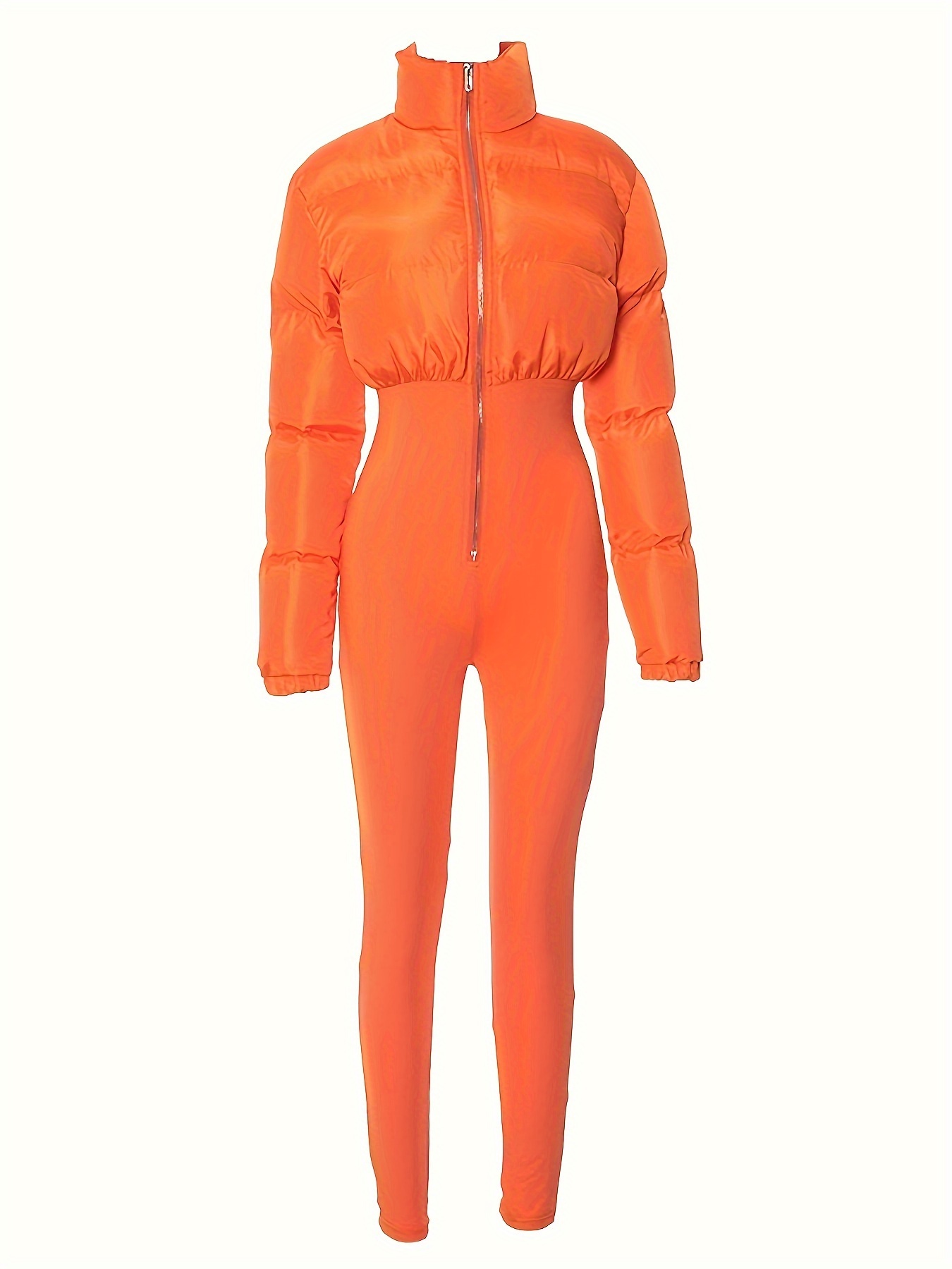 Solid Zip Front Warm Jumpsuit, Elegant Collared Long Sleeve One-Piece Jumpsuit For Fall & Winter, Women's Clothing