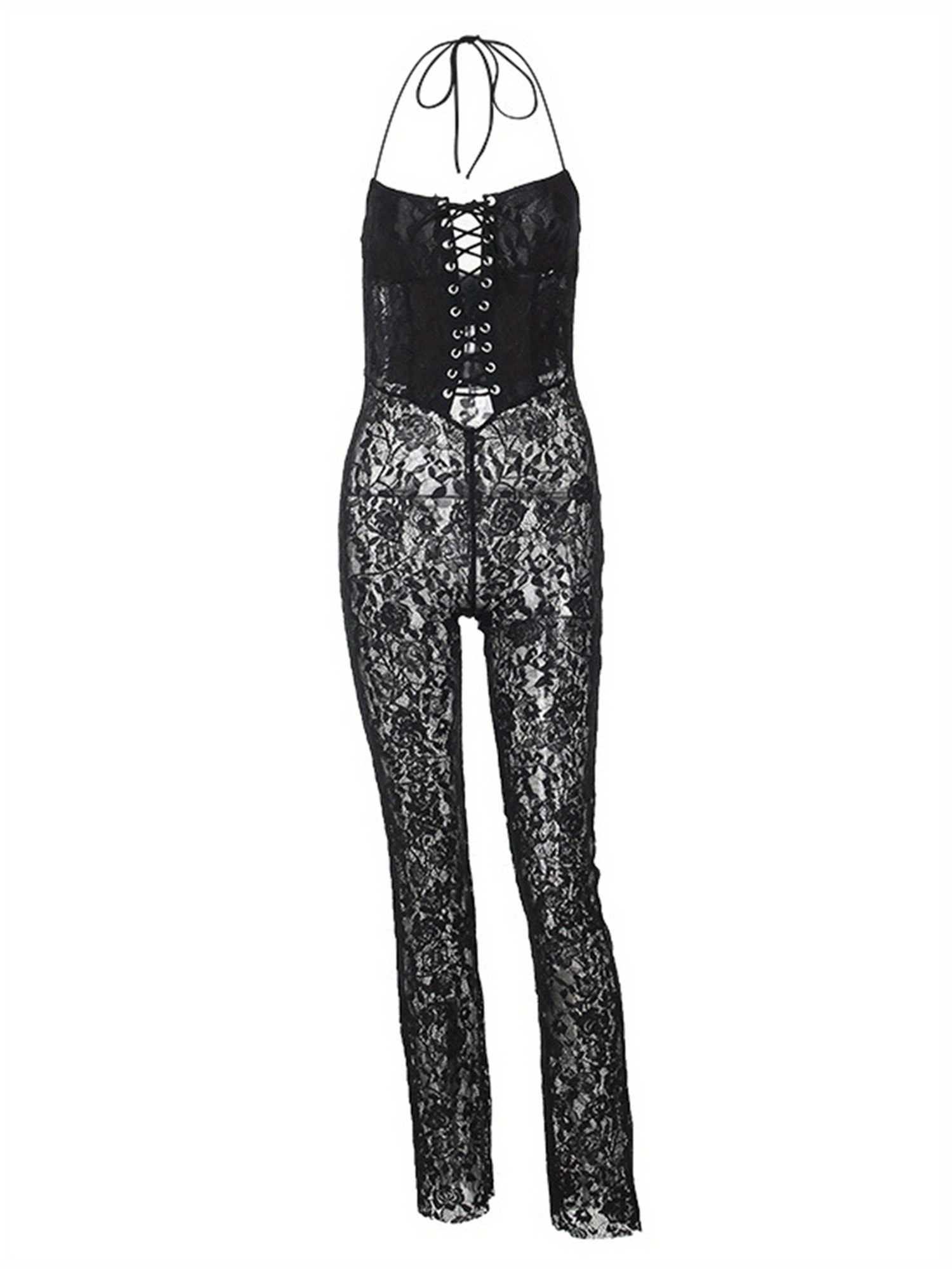 Solid Lace Cross Tie Halter Jumpsuit, Elegant Slim Backless Jumpsuit, Women's Clothing