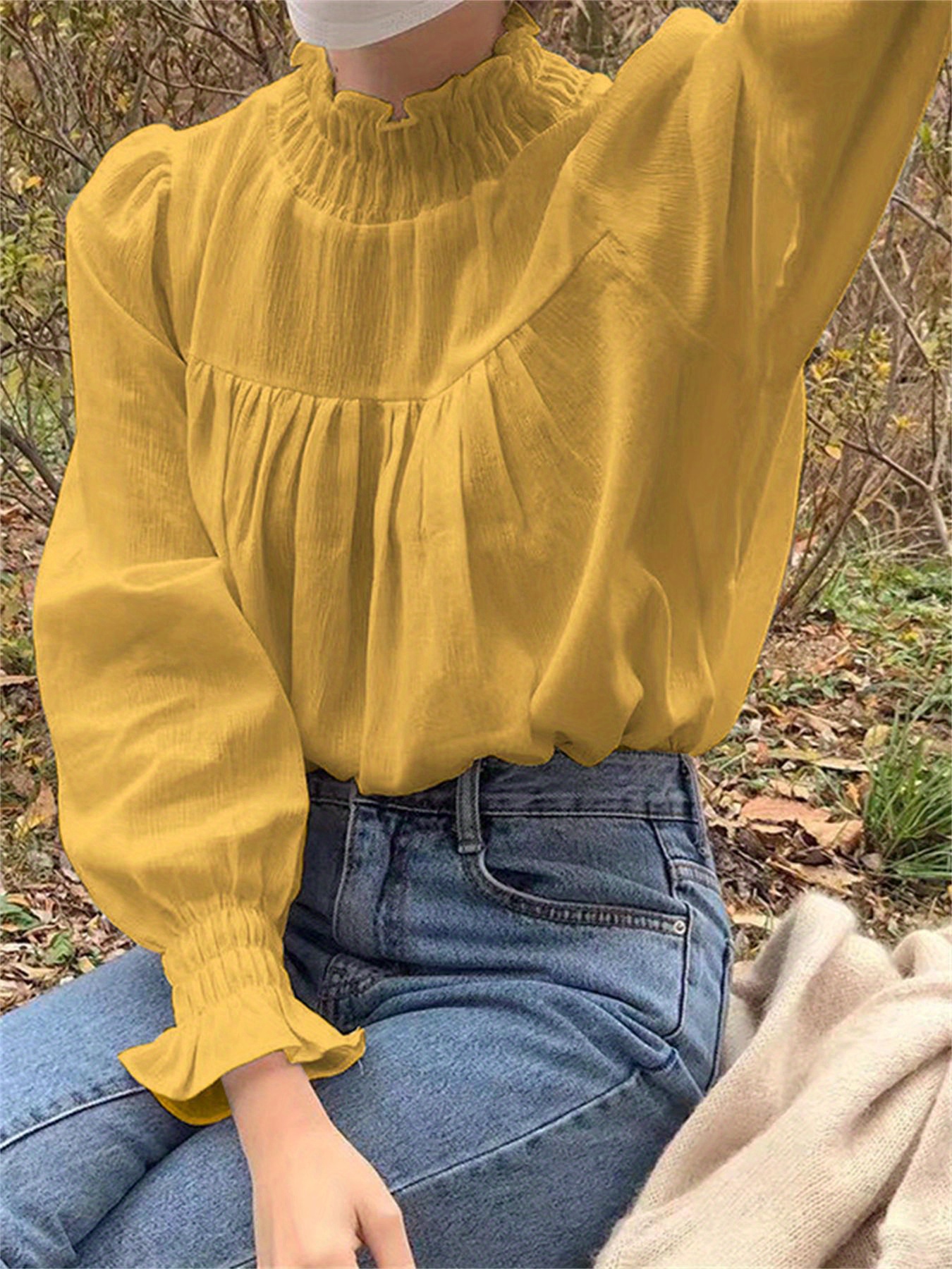 Ruffle Trim Mock Neck Blouse, Casual Solid Long Sleeve Pleated Shirred Blouse For Spring & Fall, Women's Clothing