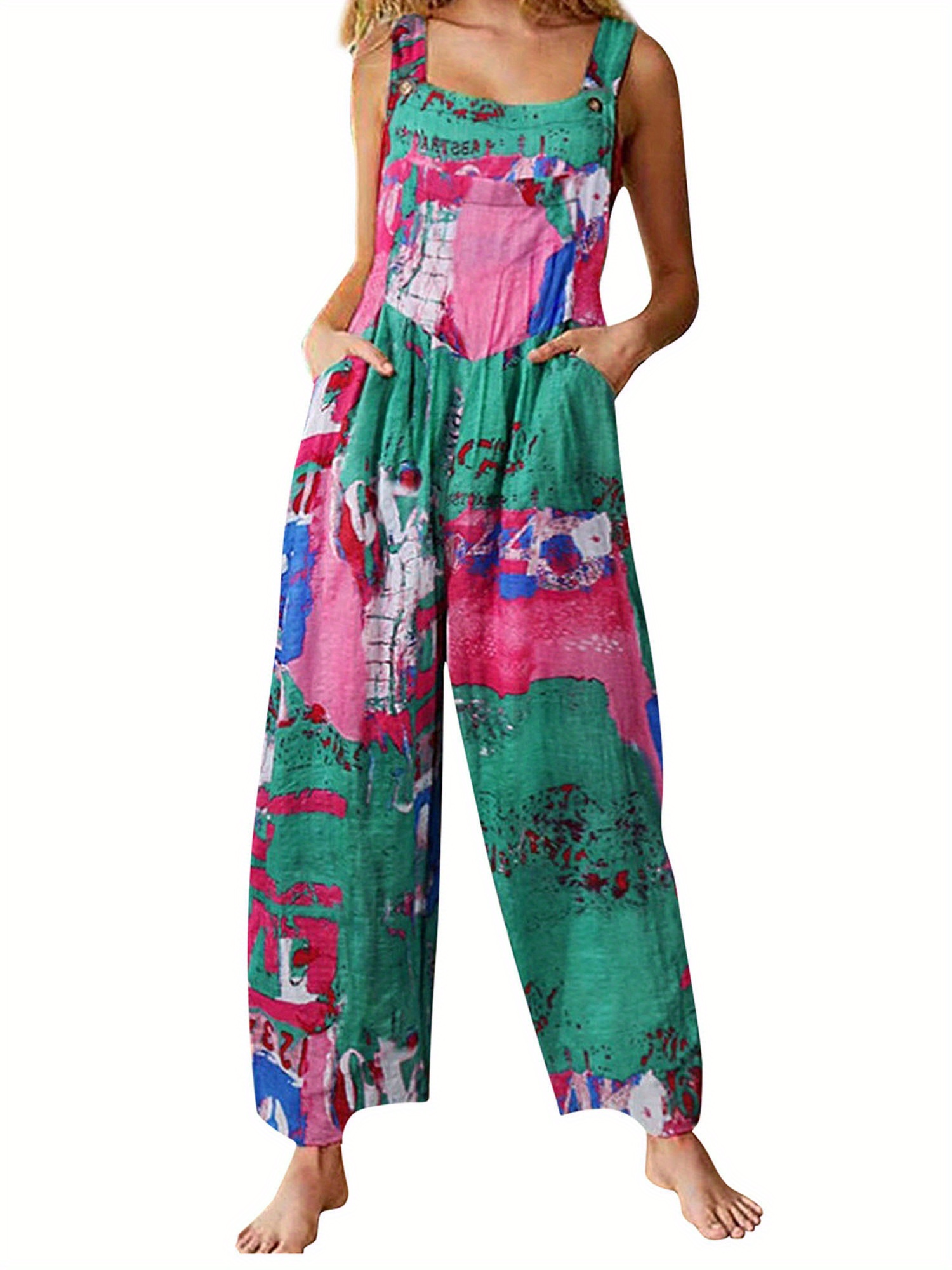Allover Print Square Neck Overall Jumpsuit, Casual Loose Wide Leg Overall Jumpsuit With Pocket, Women's Clothing