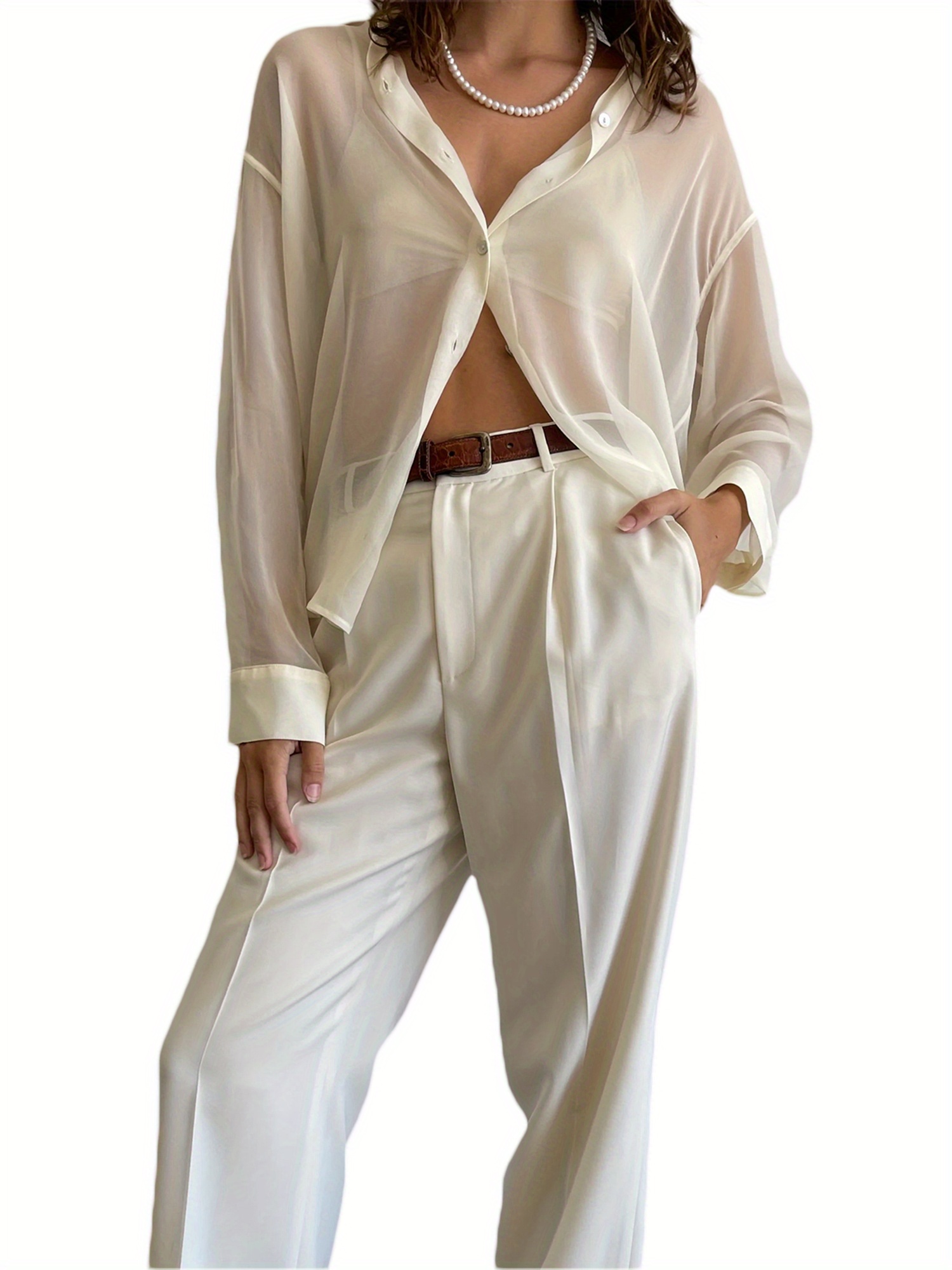 Womenacute;s Blouse, Lapel Collar Long Sleeve Button-Down See-Through Loose Shirt for Ladies