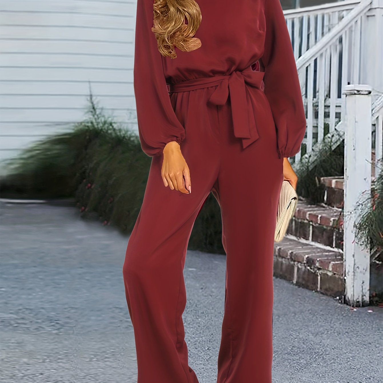 Crew Neck Wide Leg Jumpsuit, Elegant Lantern Sleeve Belted Jumpsuit For Spring & Fall, Women's Clothing