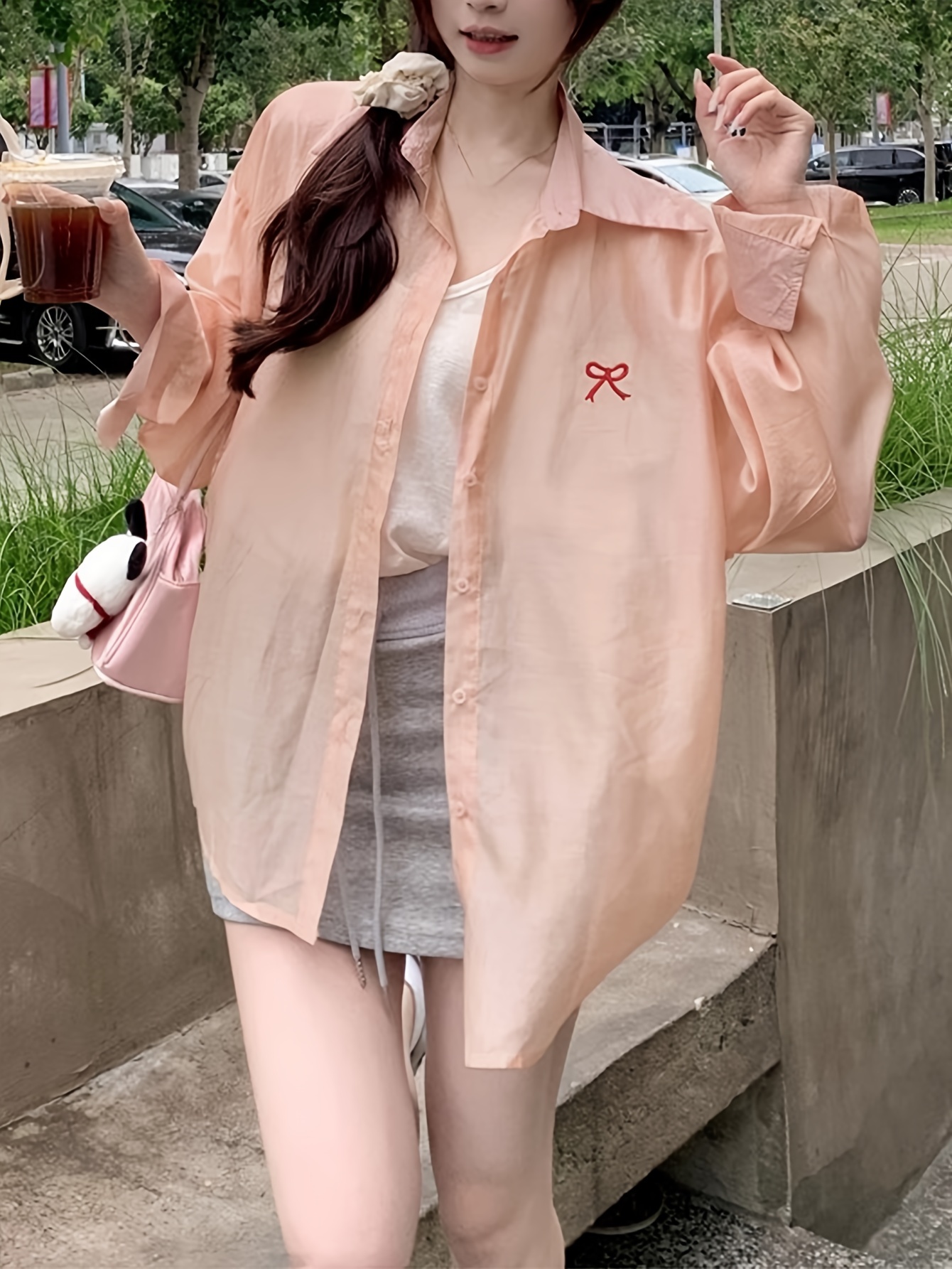 Women's Casual Polyester Blouse With Butterfly Embroidery, Relaxed Fit, UV Protection, Adjustable Button Front, Seasonless