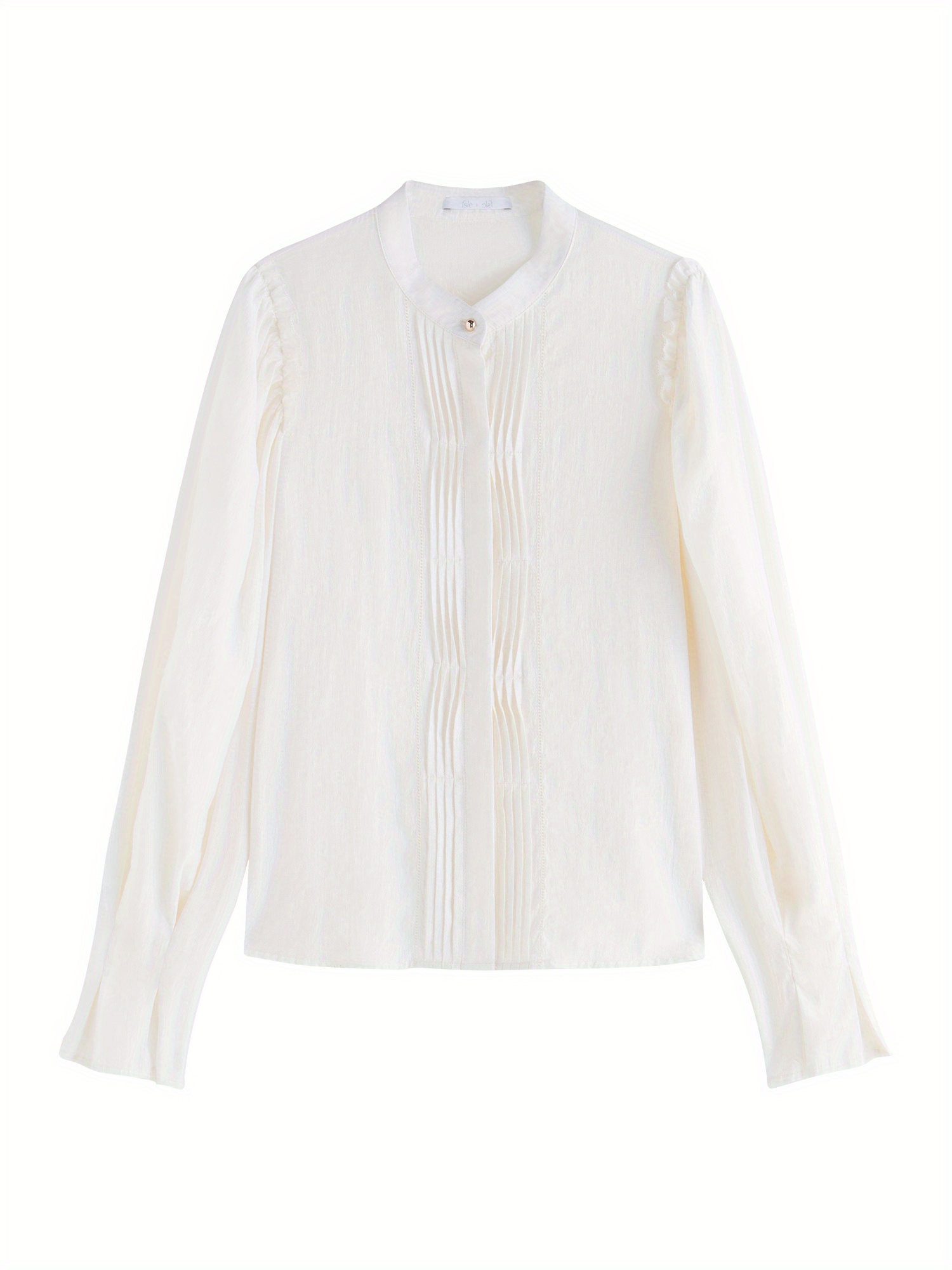 Elegant French-Inspired Women's Blouse - Long Sleeve With Stand Collar & Pleated Detail, Non-Stretch Viscose Blend, Perfect For Fall