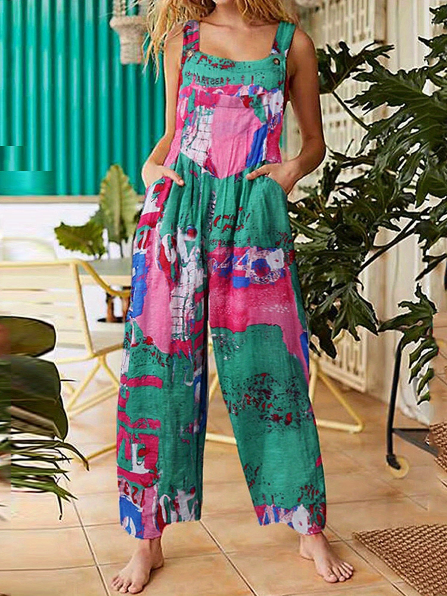 Allover Print Square Neck Overall Jumpsuit, Casual Loose Wide Leg Overall Jumpsuit With Pocket, Women's Clothing