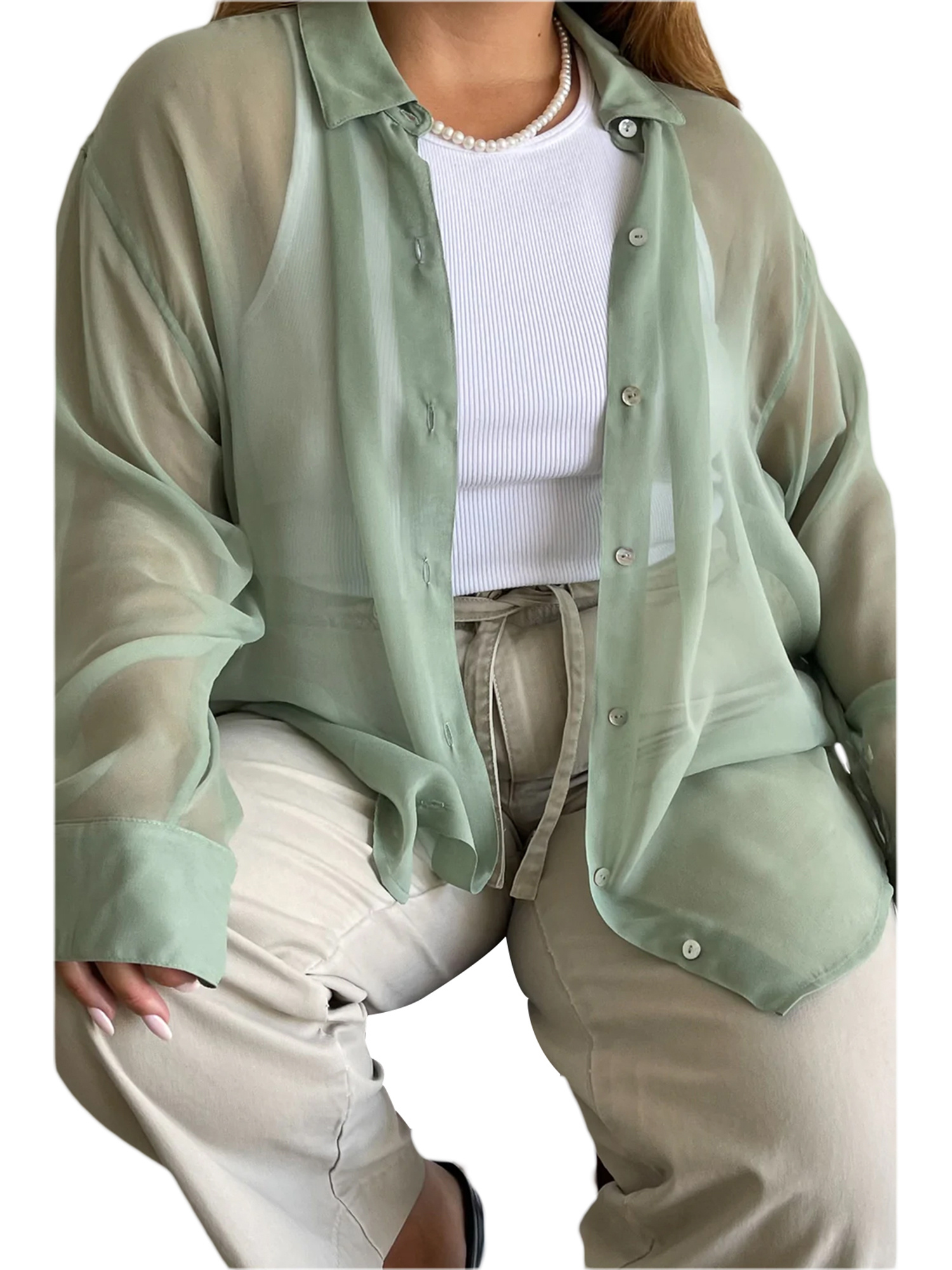 Womenacute;s Blouse, Lapel Collar Long Sleeve Button-Down See-Through Loose Shirt for Ladies