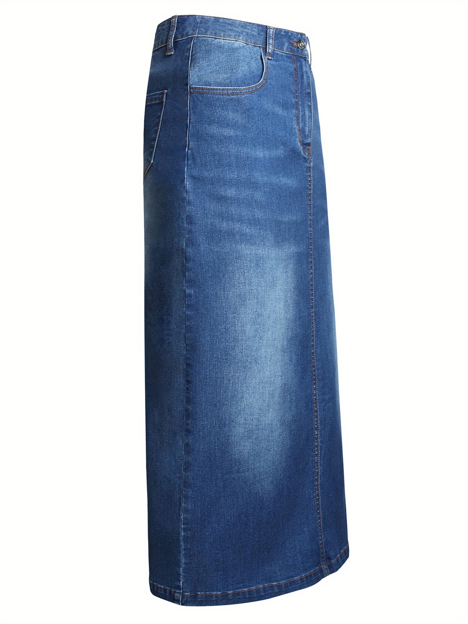 Plain Washed Blue Whiskering Casual Style High Rise Maxi Denim Skirt, Women's Denim Jeans & Clothing