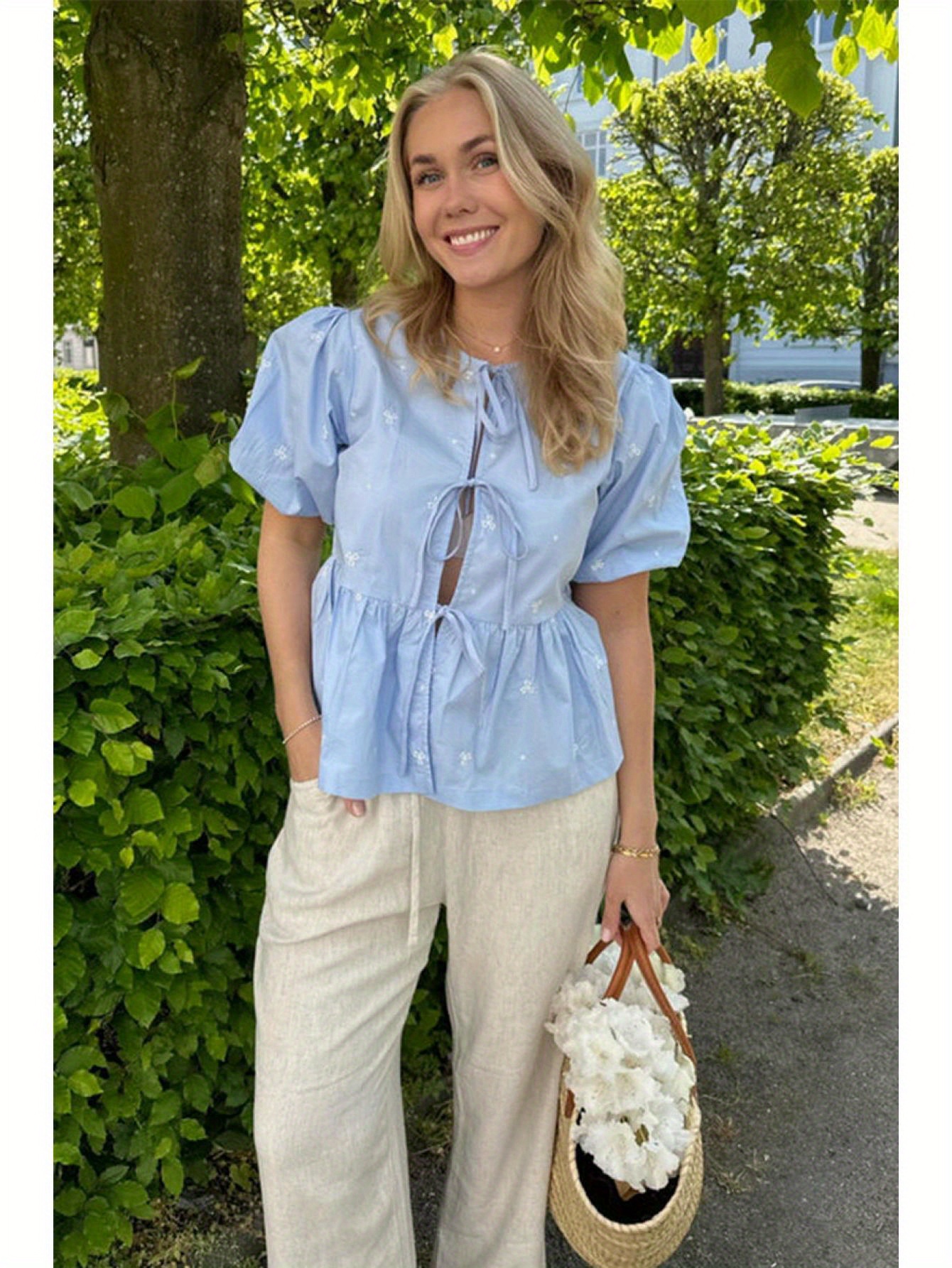 Tie Up Front Crew Neck Blouse, Elegant Short Puff Sleeve Ruffle Hem Blouse For Spring & Summer, Women's Clothing