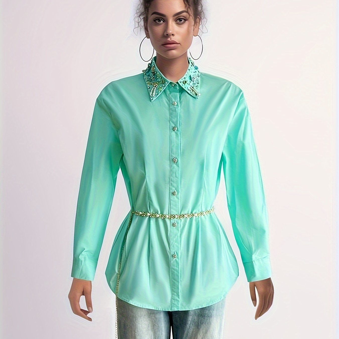 Women's Casual Comfy Vibrant Shirt-100% Polyester, Long Sleeve, Chain Belt, Rhinestone Trim Neckline, Single Breasted, Straight Hem-perfect For Work&vacation