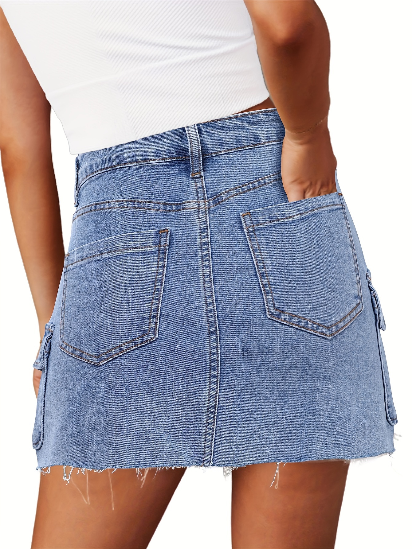 Women's Casual High-Waist Denim Mini Skirt, Cargo Style With Pockets, Frayed Hem Jean Skirt, Plain