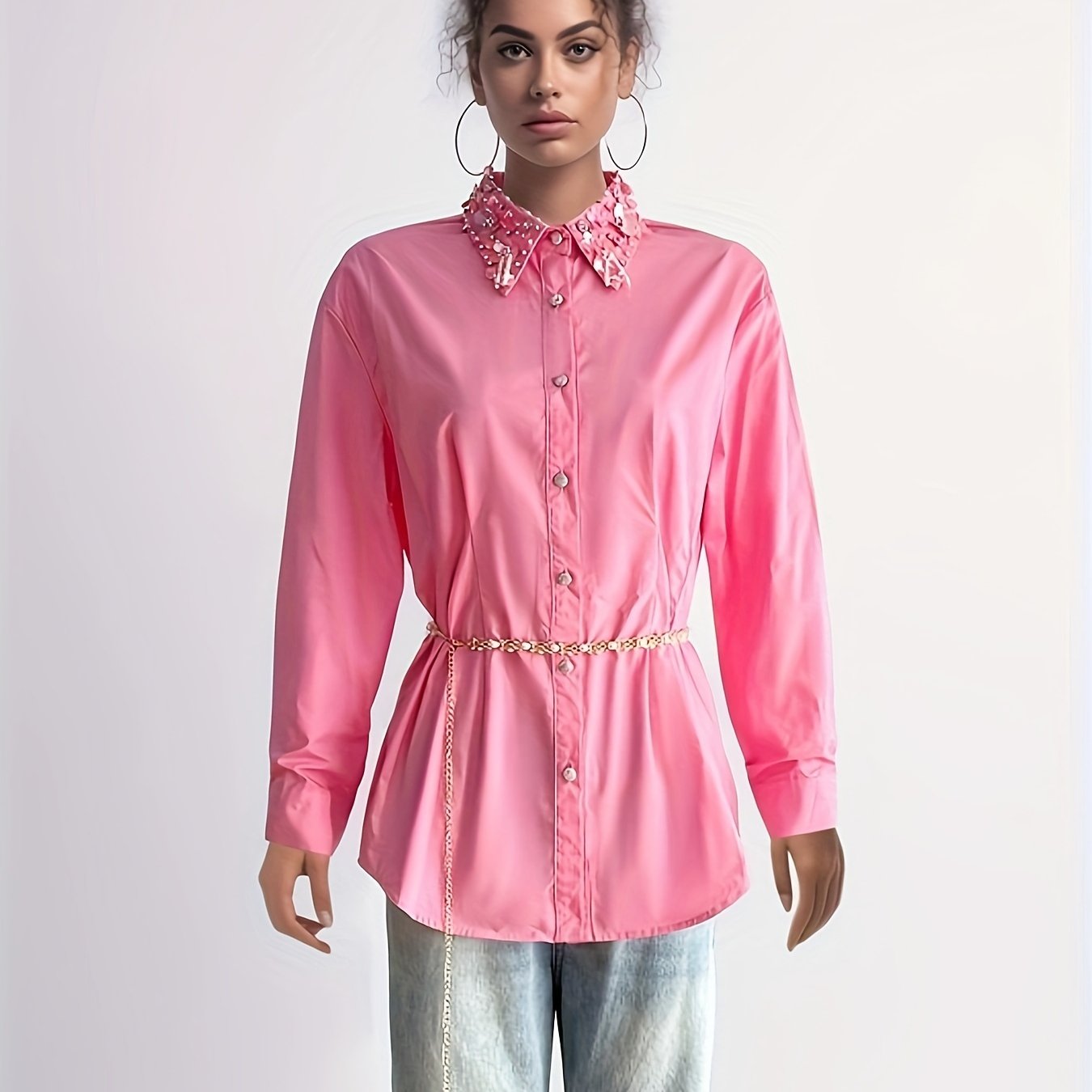 Women's Casual Comfy Vibrant Shirt-100% Polyester, Long Sleeve, Chain Belt, Rhinestone Trim Neckline, Single Breasted, Straight Hem-perfect For Work&vacation