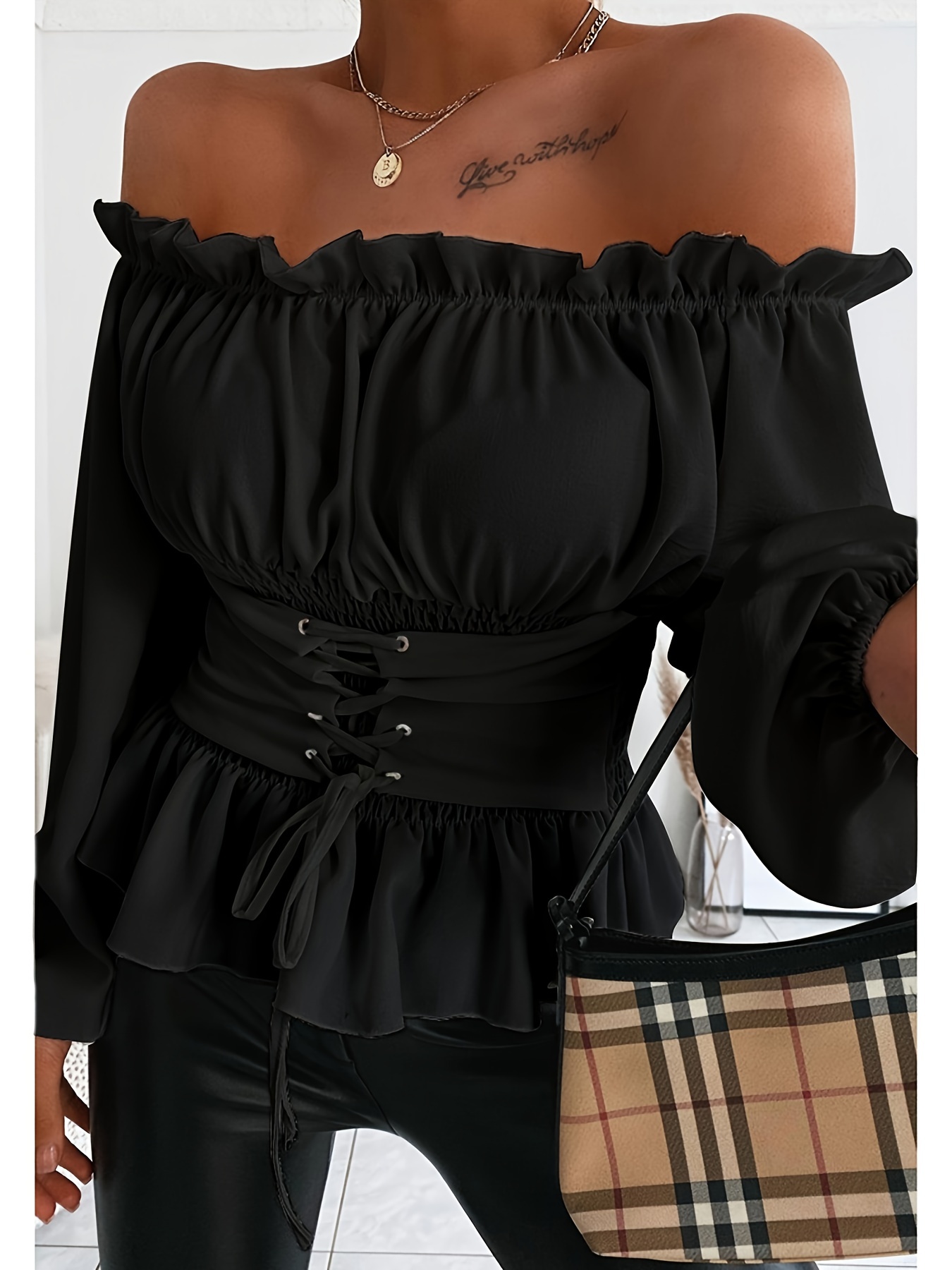 Chic Off Shoulder Ruffle Blouse with Tie Detail; Flattering Long Sleeve, Versatile & Machine Washable