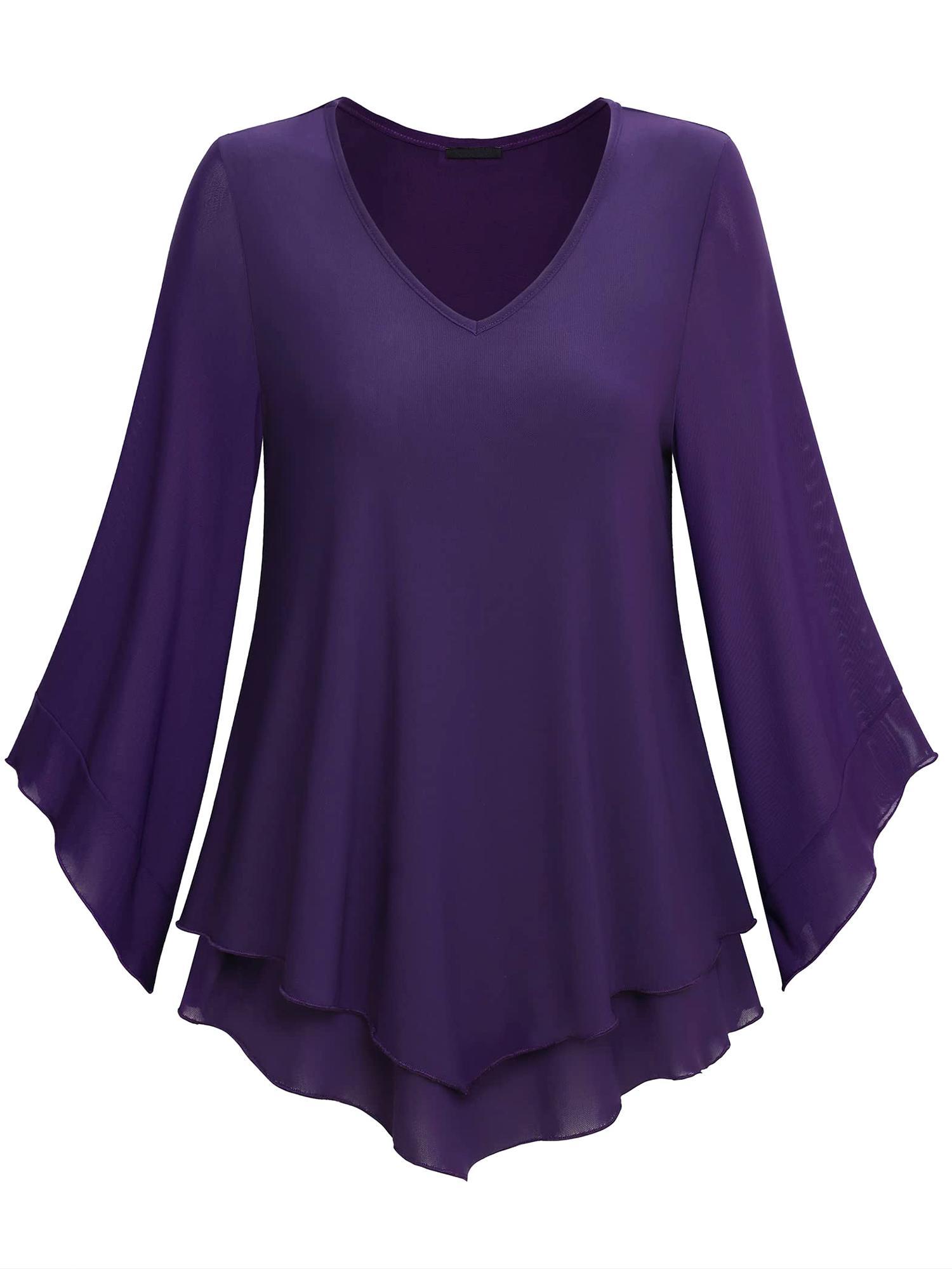 tooluck Womens Blouse Double Layers Mesh Shirt Ruffle 3 F4 Flared Sleeve Tops