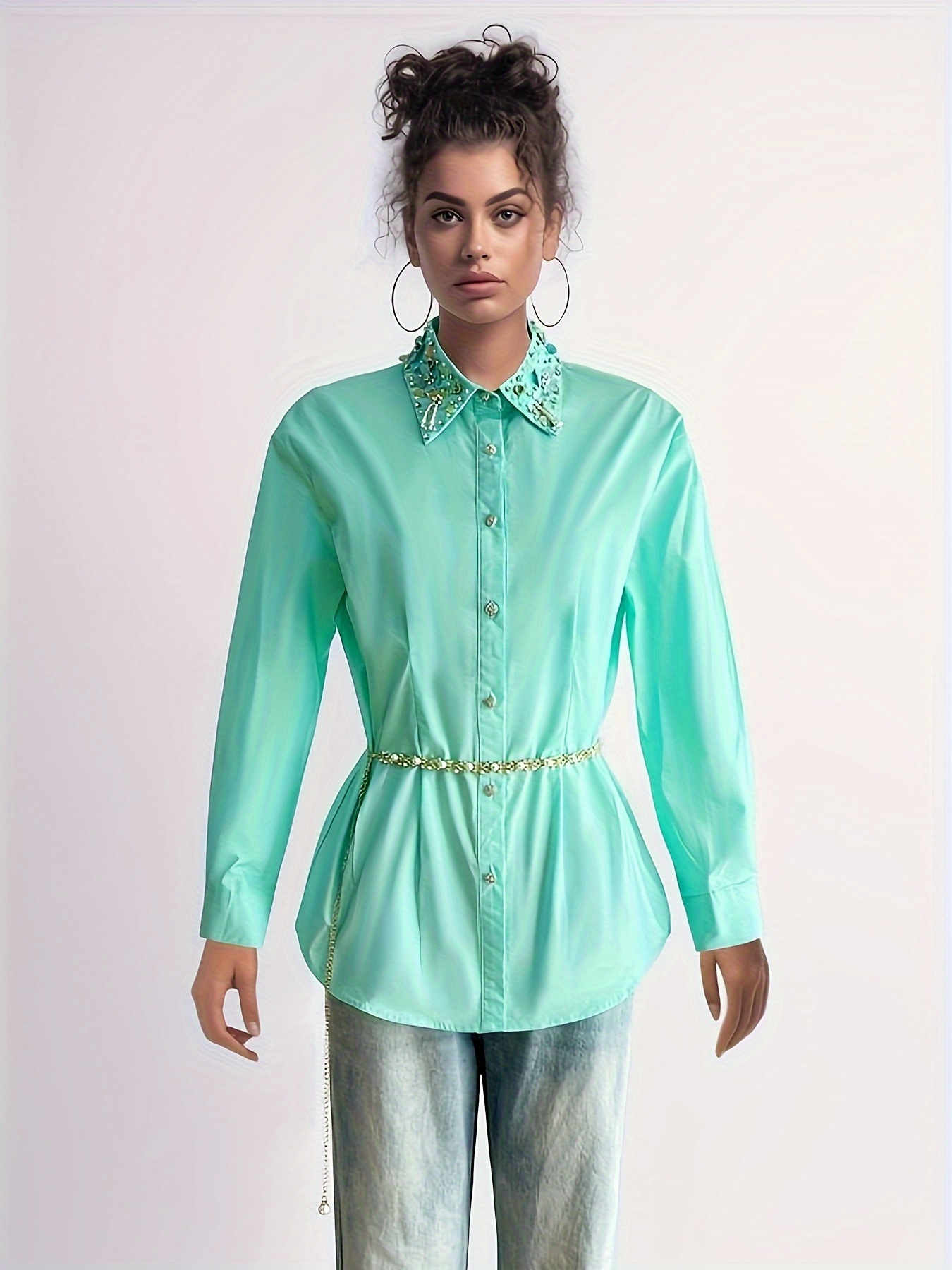 Women's Casual Comfy Vibrant Shirt-100% Polyester, Long Sleeve, Chain Belt, Rhinestone Trim Neckline, Single Breasted, Straight Hem-perfect For Work&vacation