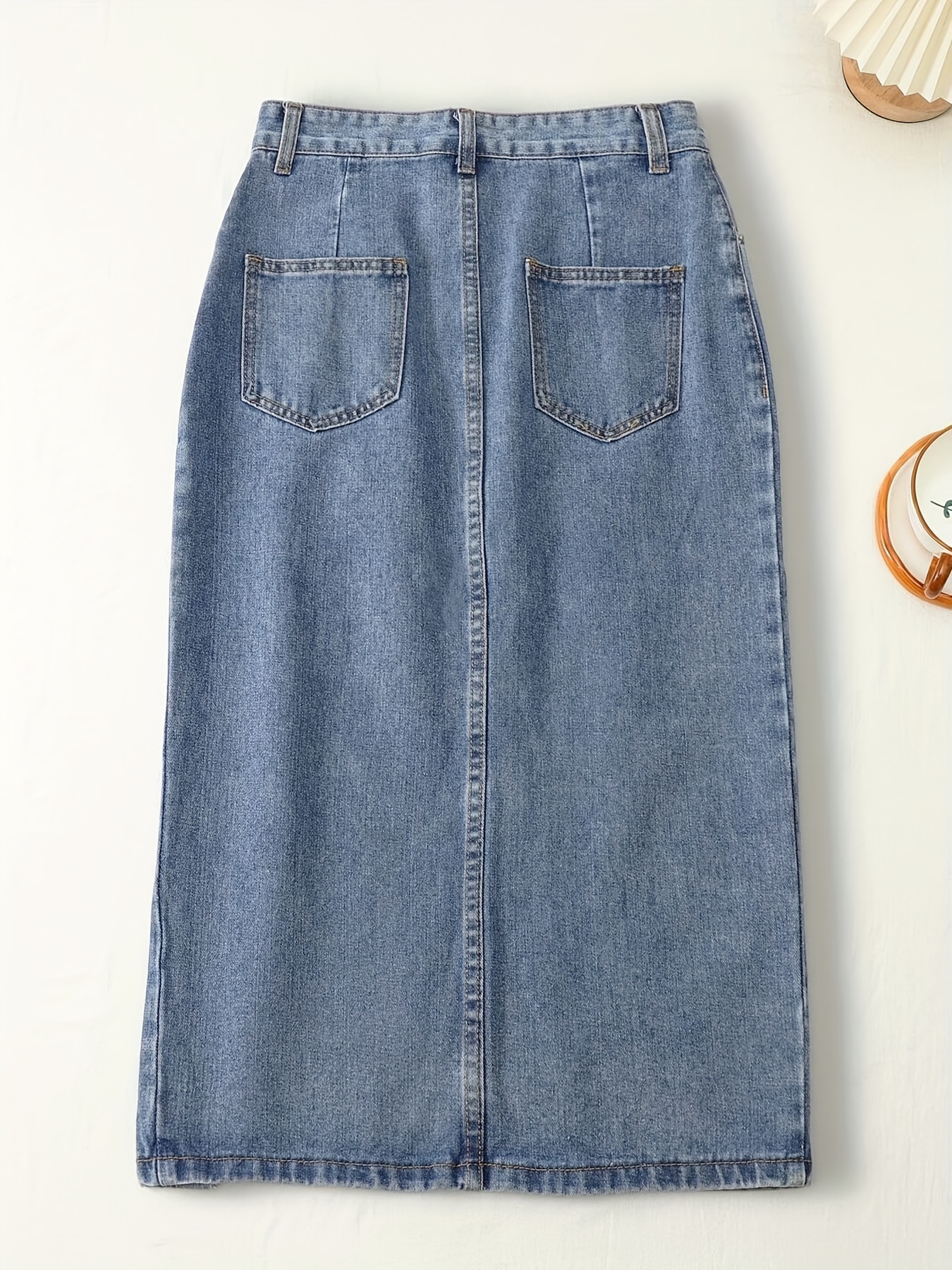 High-Waisted Irregular Split Midi Denim Skirt, Summer A-Line Plain Washed Blue Casual Style For Women
