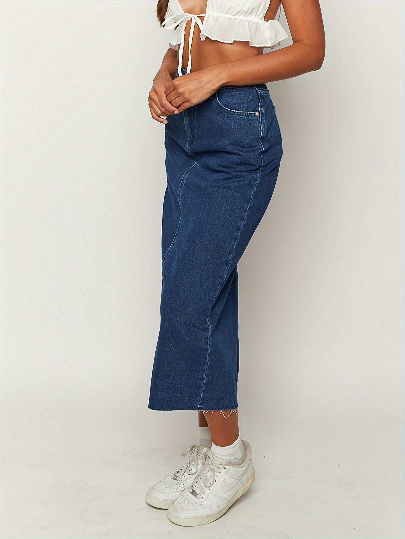Raw Hem Plain Washed Blue Retro Style Midi Denim Skirt With Slant Pocket, Women's Denim Jeans & Clothing