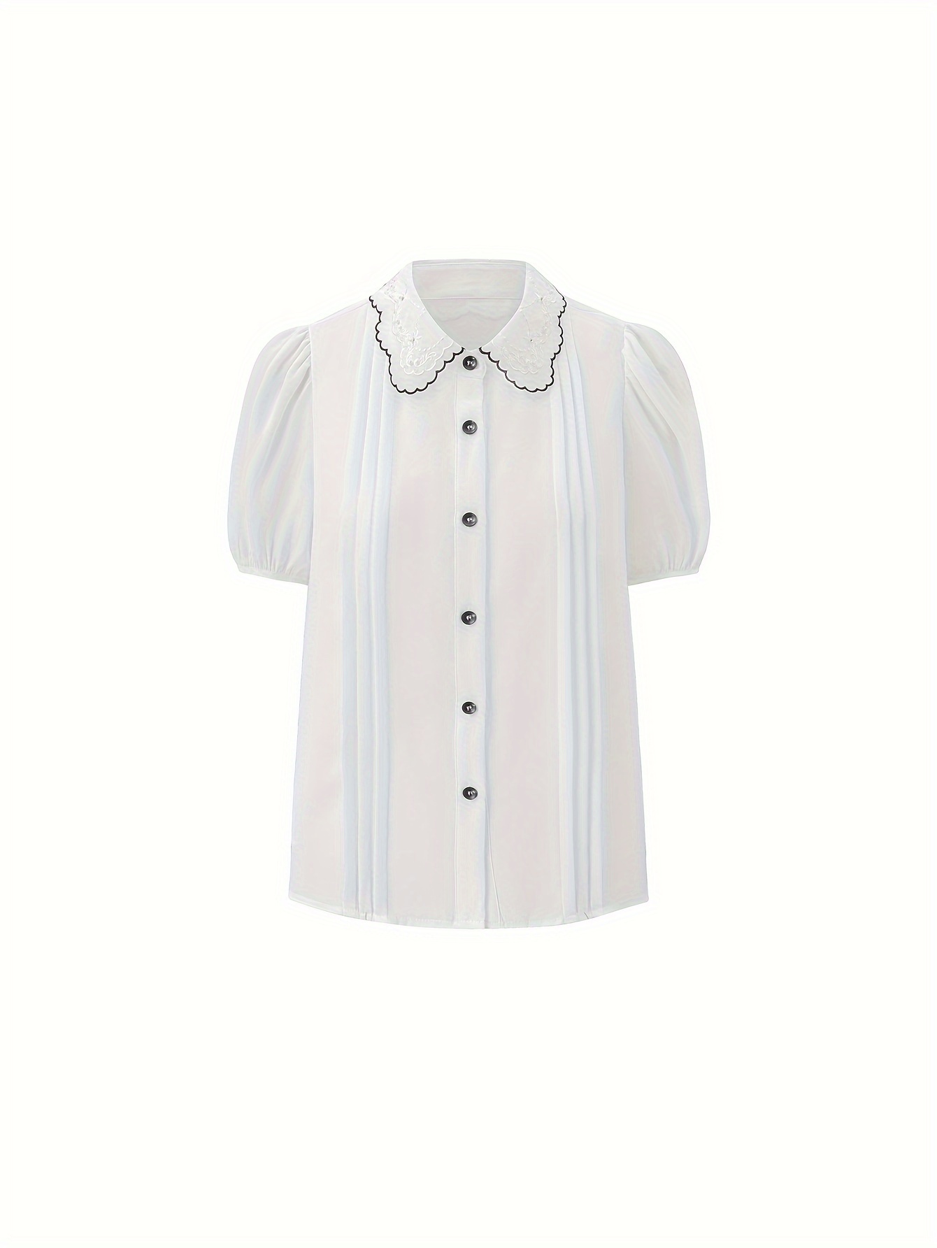 Color Block Button Front Shirt, Elegant Short Sleeve Scallop Trim Embroidered Shirt For Spring & Summer, Women's Clothing