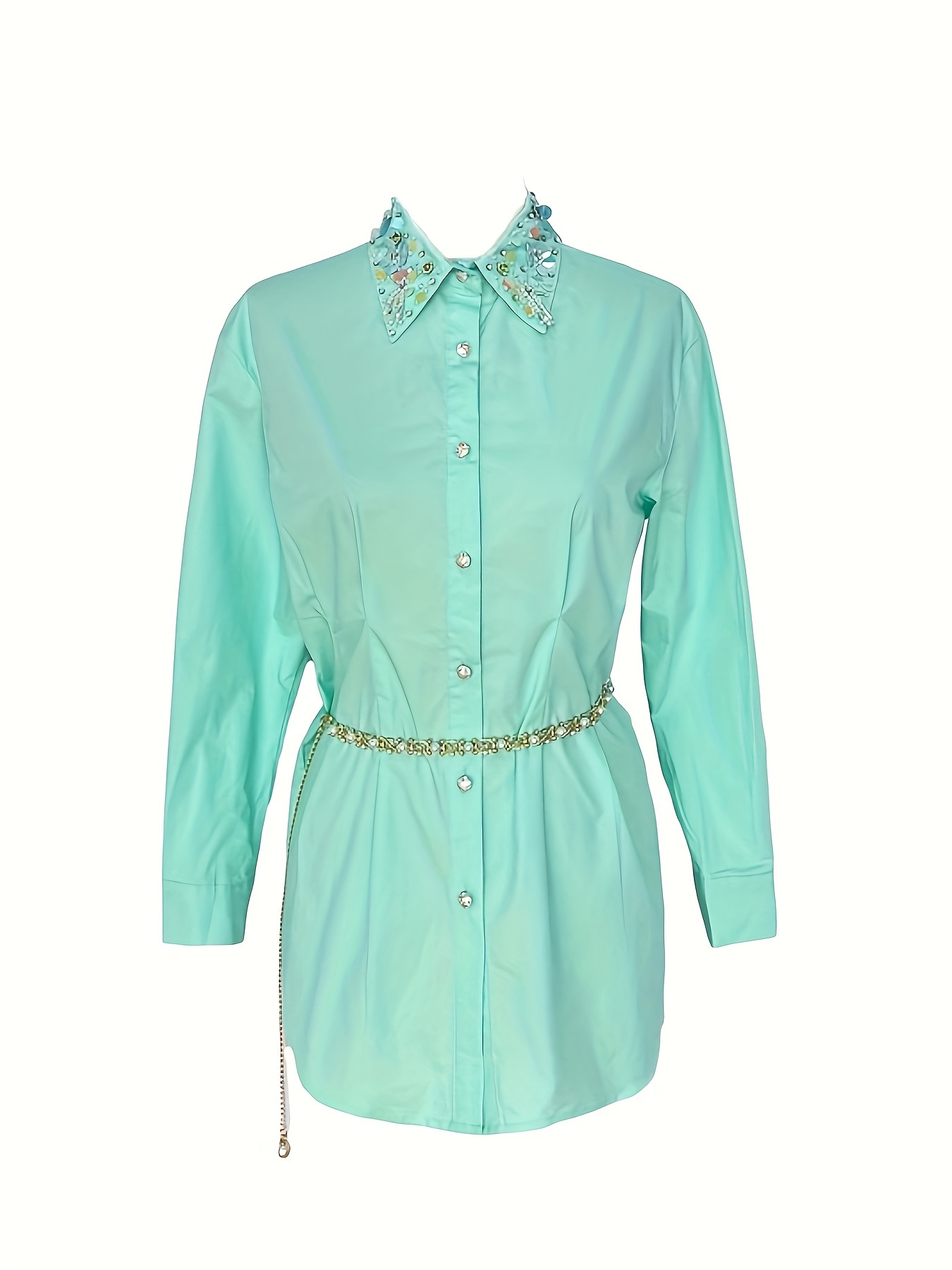 Women's Casual Comfy Vibrant Shirt-100% Polyester, Long Sleeve, Chain Belt, Rhinestone Trim Neckline, Single Breasted, Straight Hem-perfect For Work&vacation
