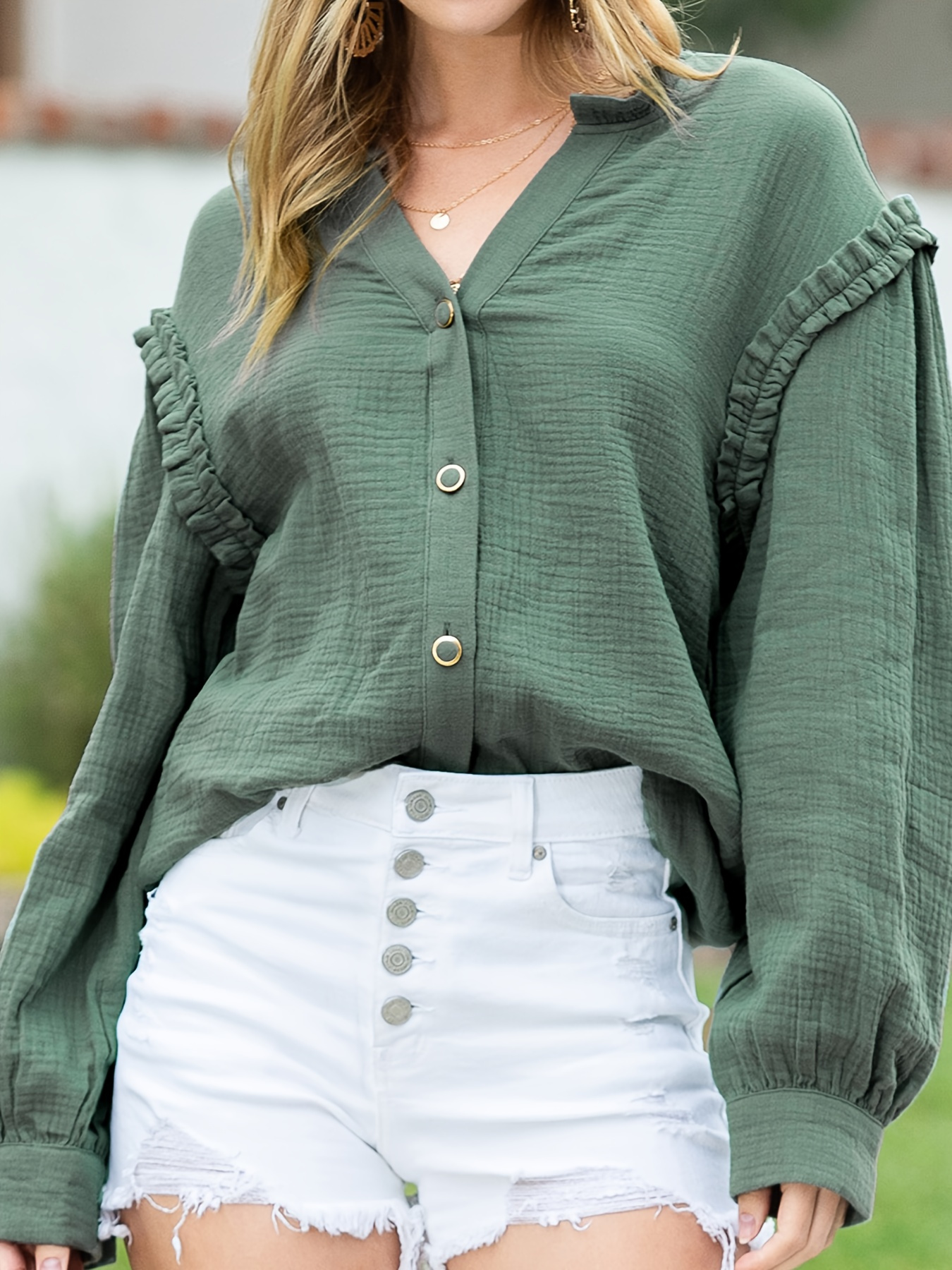 Solid Ruffle Hem Blouse, Elegant Button Front Drop Shoulder Blouse, Women's Clothing