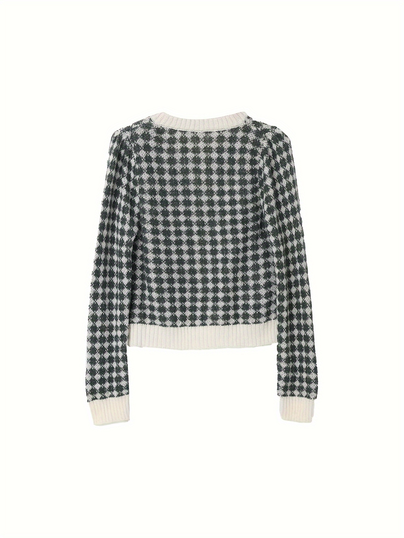 Houndstooth Pattern Botton Front Cardigan, Casual Long Sleeve Cardigan For Fall & Winter, Women's Clothing