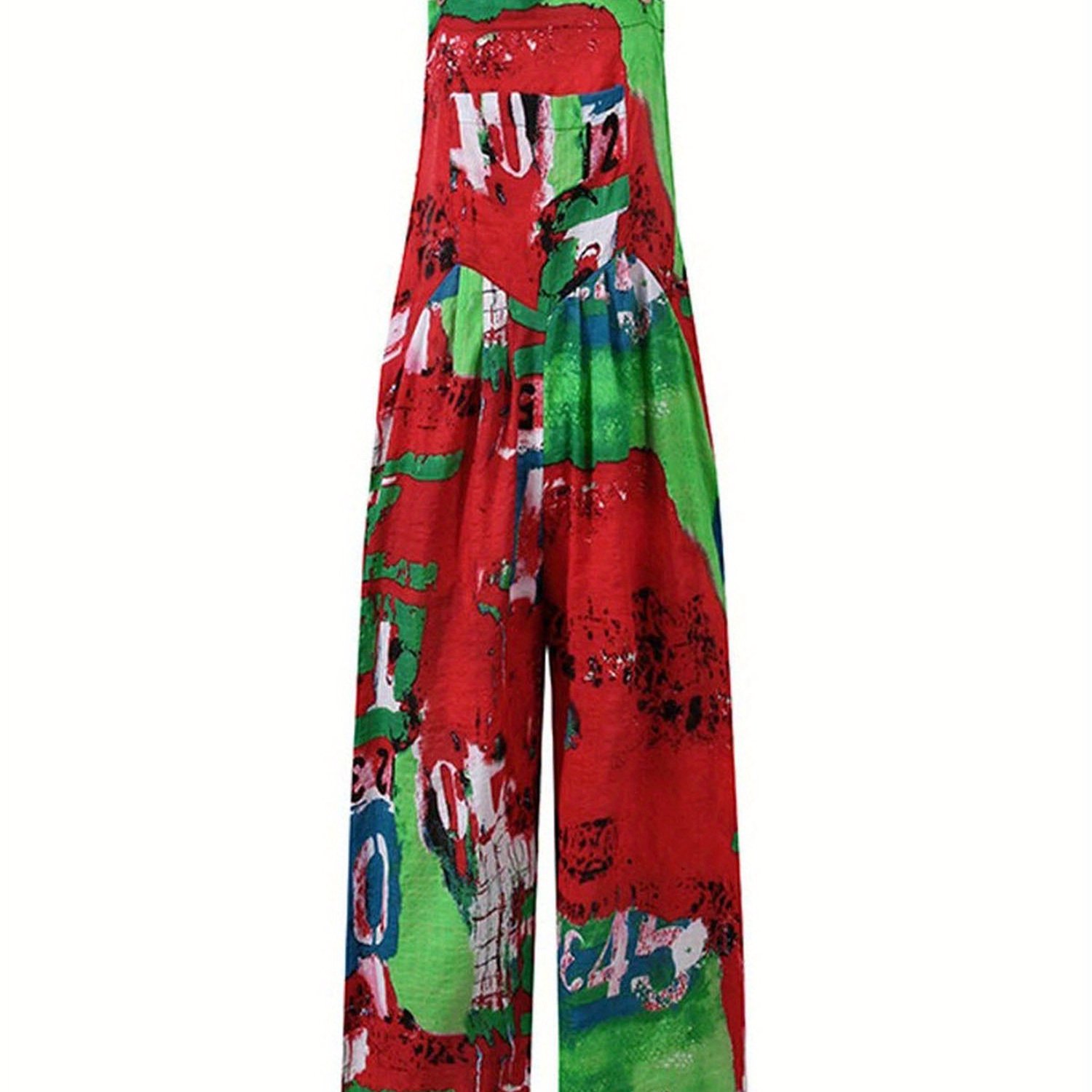 Allover Print Square Neck Overall Jumpsuit, Casual Loose Wide Leg Overall Jumpsuit With Pocket, Women's Clothing