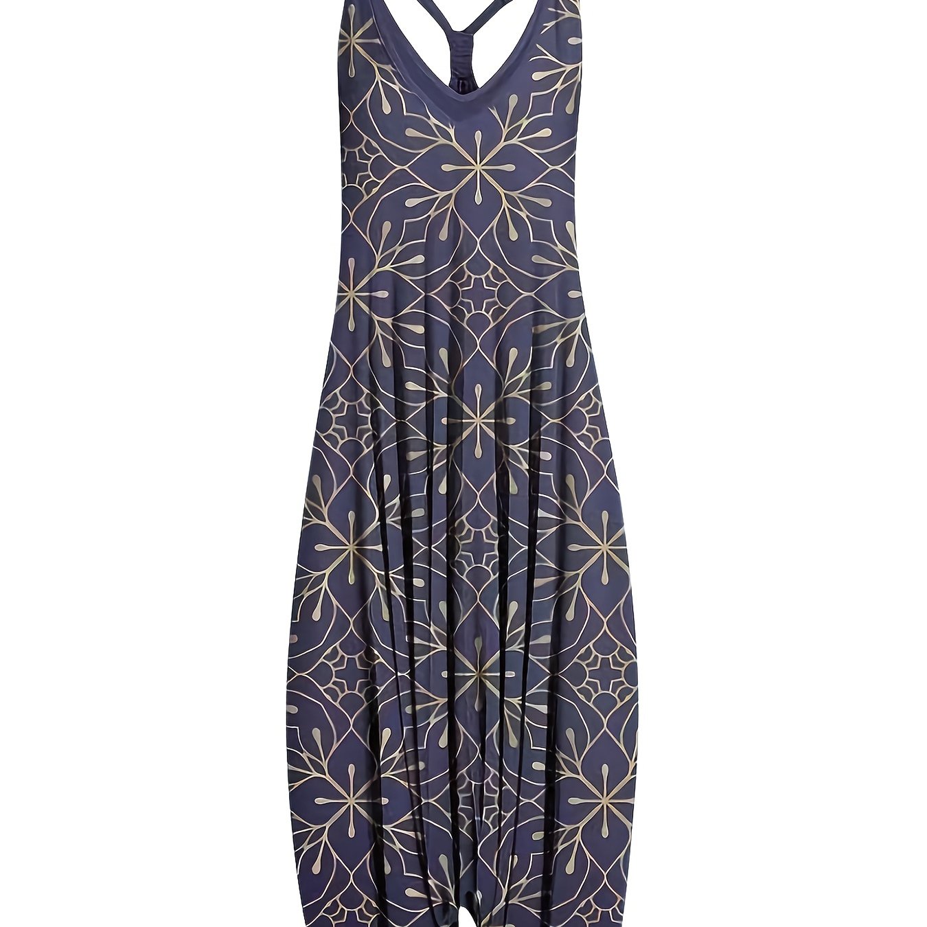 Allover Print V Neck Harem Jumpsuit, Casual Spaghetti Strap Jumpsuit For Spring & Summer, Women's Clothing