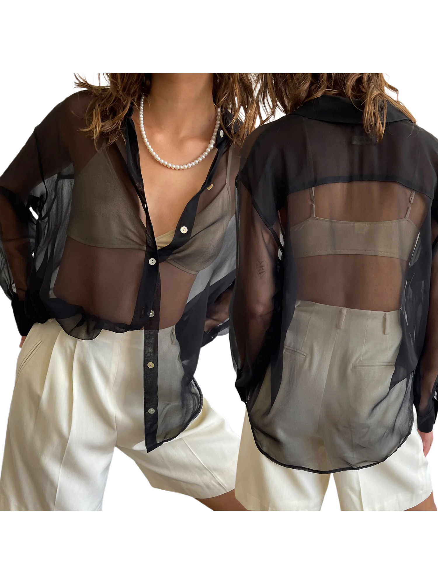 Womenacute;s Blouse, Lapel Collar Long Sleeve Button-Down See-Through Loose Shirt for Ladies