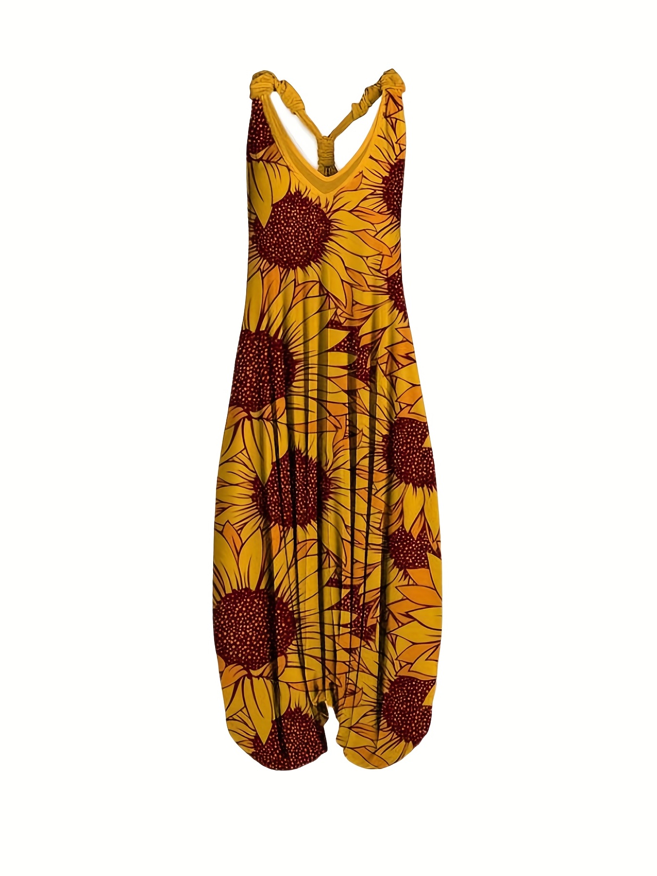 Vibrant Graphic Print Long Sleeveless V Neck Baggy Jumpsuit for Women - Relaxed Fit, Mid Elasticity, Machine Washable, Perfect for Summer Casual Occasions