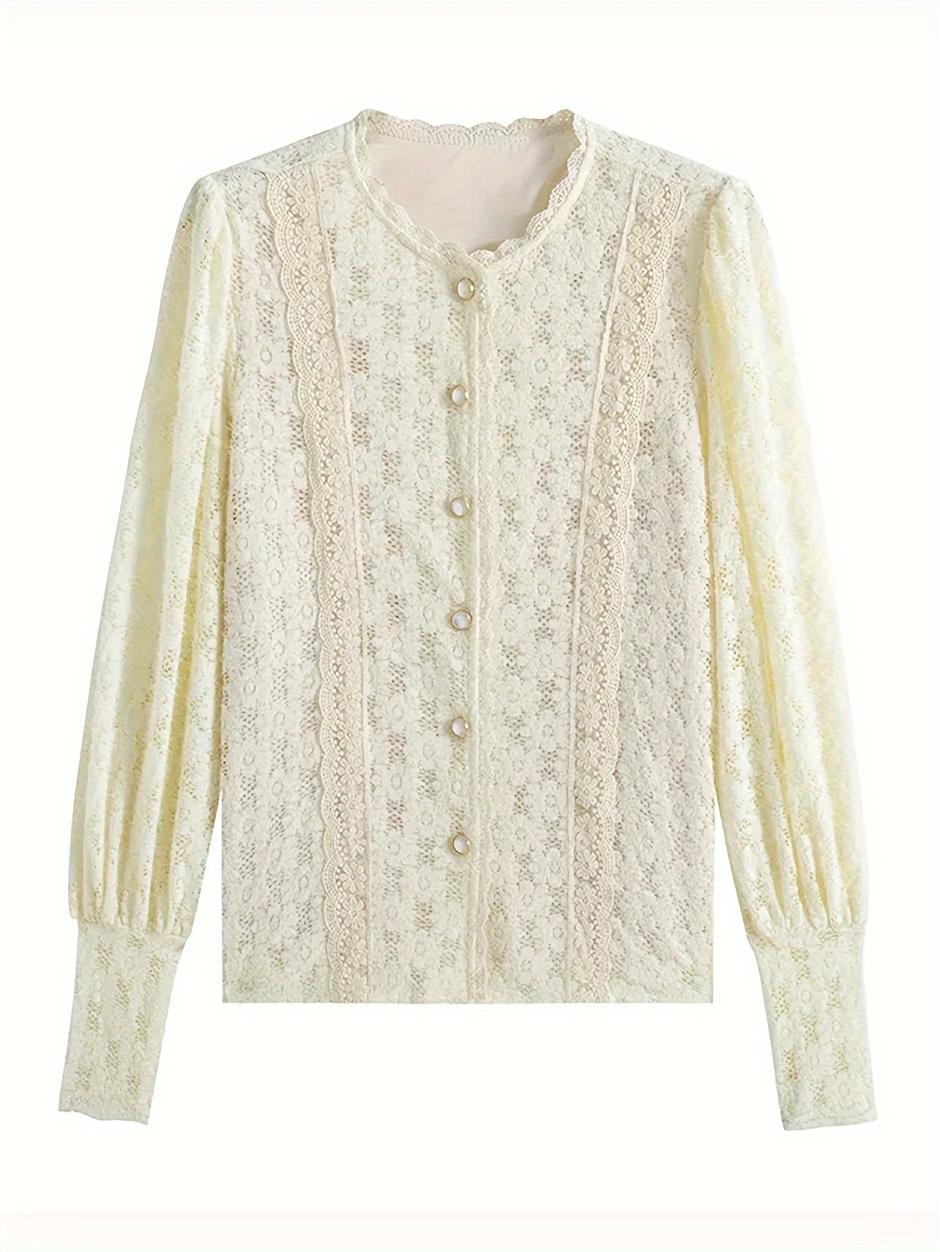 Solid Color Button Front Blouse, Elegant Lantern Sleeve Blouse For Spring & Fall, Women's Clothing