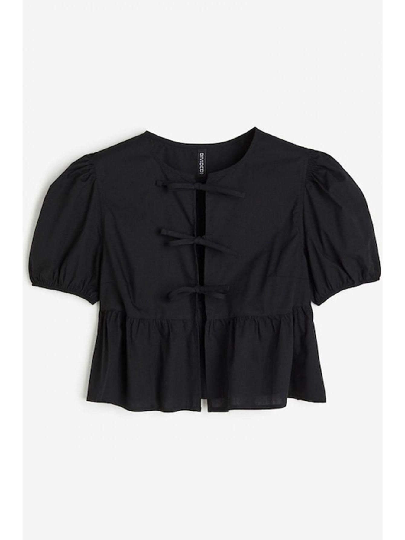 Tie Up Front Crew Neck Blouse, Elegant Short Puff Sleeve Ruffle Hem Blouse For Spring & Summer, Women's Clothing