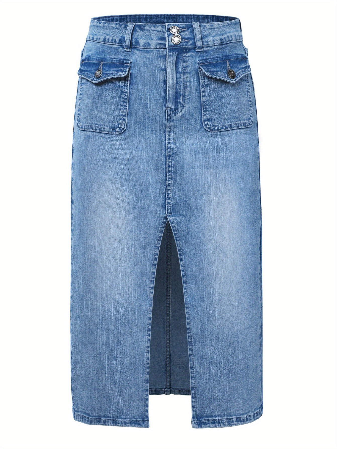 Women's Casual Midi-Length Denim Skirt With Front Slit And Patch Pockets, Straight Cut Jean Skirt