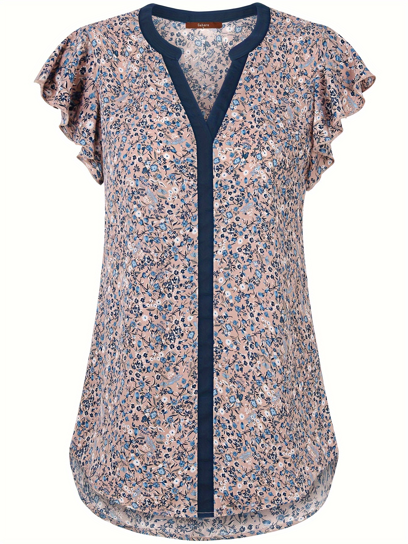 Floral Print Contrast Trim Blouse, Cute Notched Neck Short Sleeve Blouse For Spring & Summer, Women's Clothing