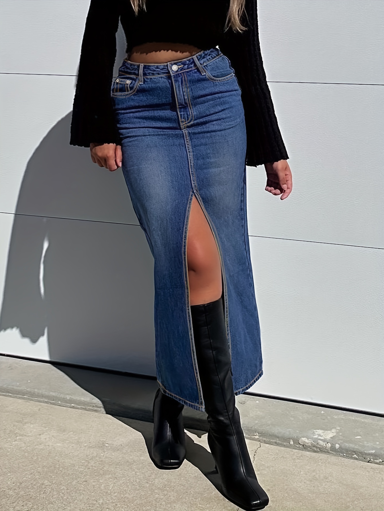 Split Front Plain Washed Blue Retro Y2K Streetwear Maxi Denim Skirt, Women's Denim Jeans & Clothing