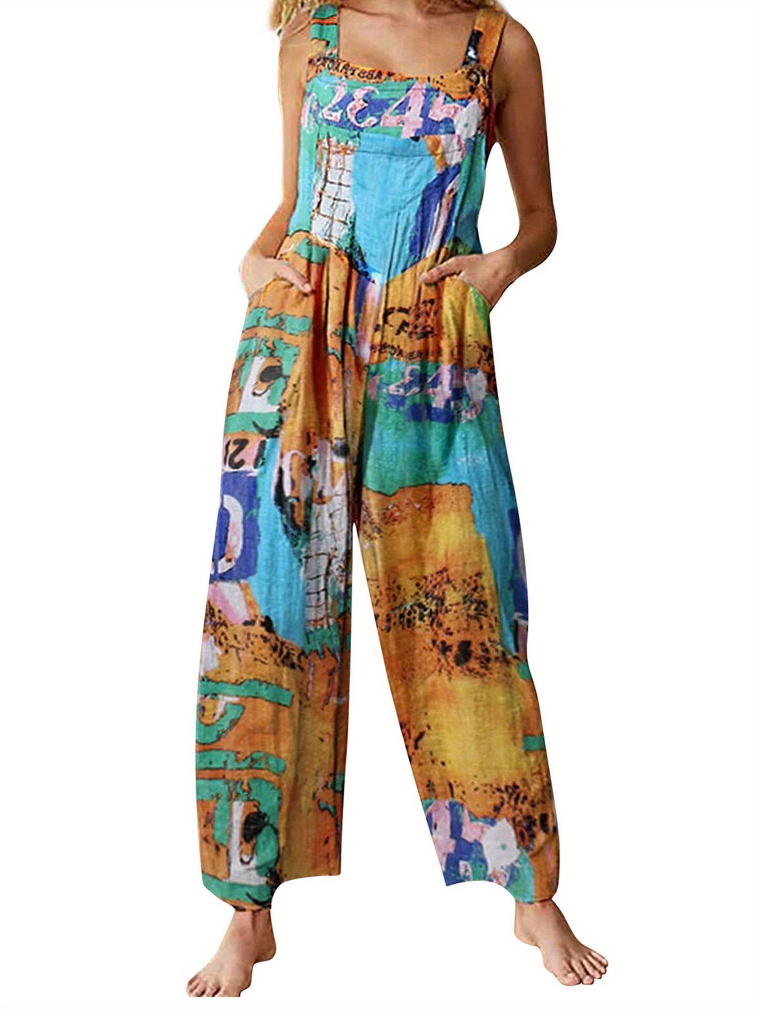 Allover Print Square Neck Overall Jumpsuit, Casual Loose Wide Leg Overall Jumpsuit With Pocket, Women's Clothing