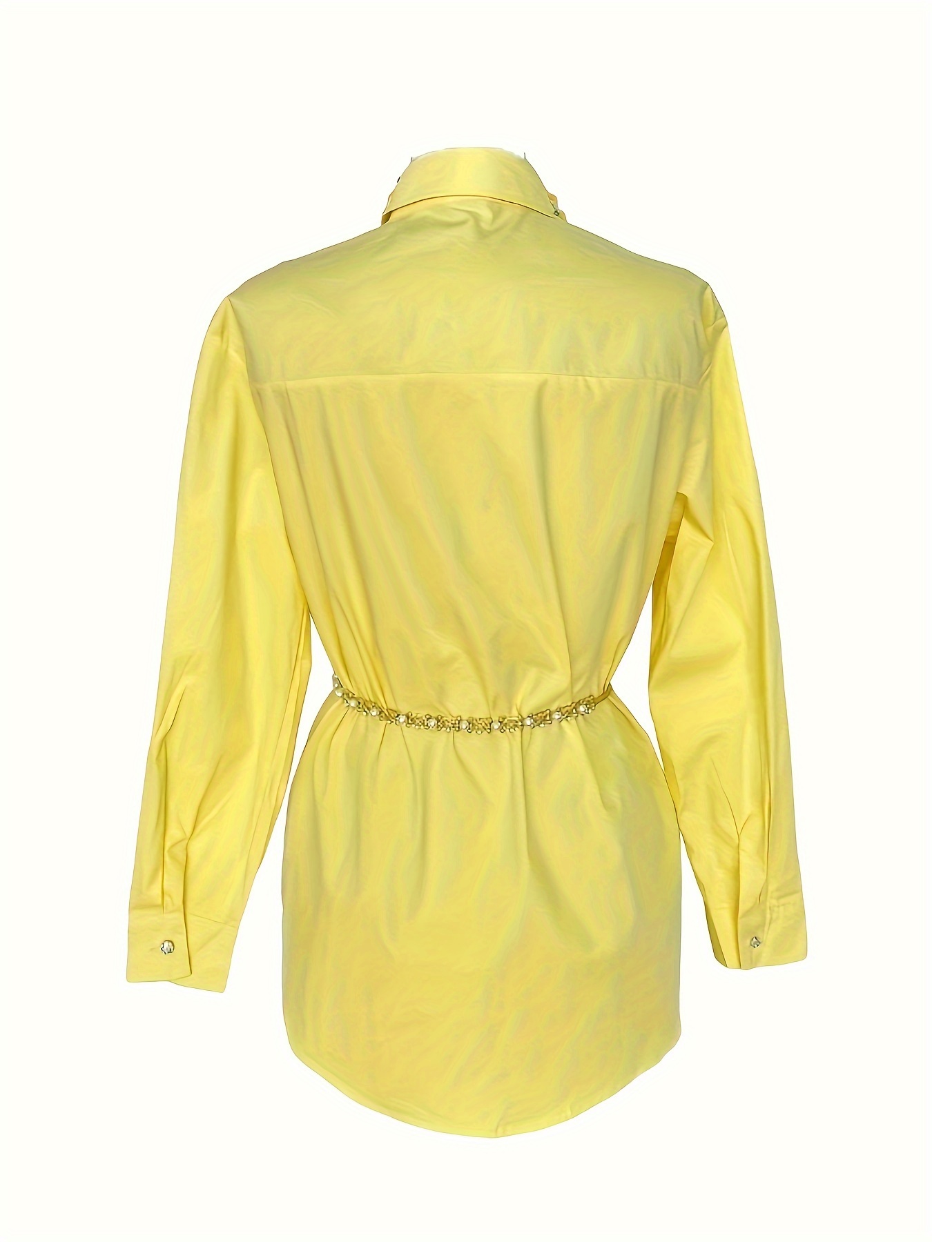Women's Casual Comfy Vibrant Shirt-100% Polyester, Long Sleeve, Chain Belt, Rhinestone Trim Neckline, Single Breasted, Straight Hem-perfect For Work&vacation