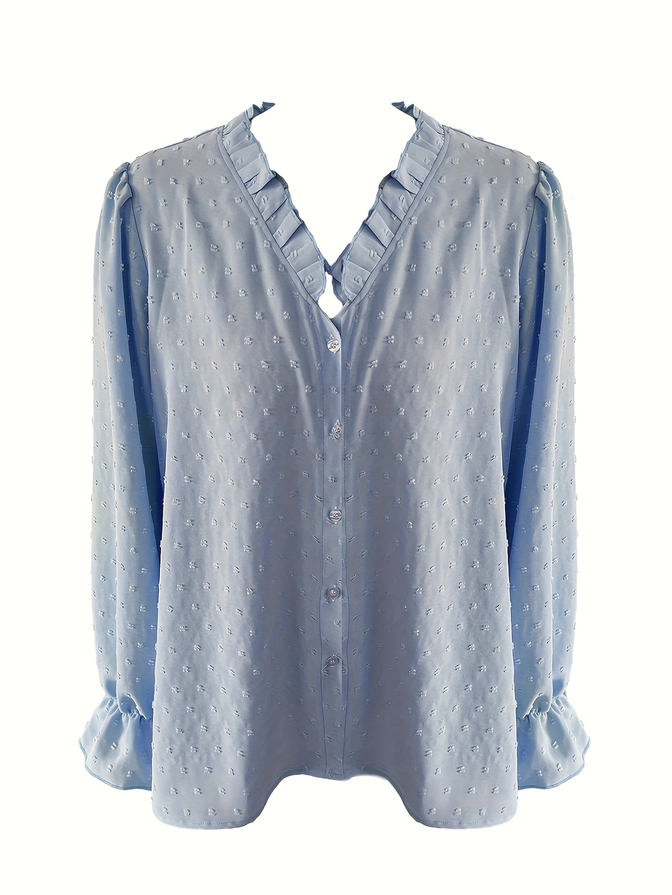 Solid Color Swiss Dot Button Front Blouse, Elegant Ruffle Trim V Neck Long Sleeve Blouse, Women's Clothing