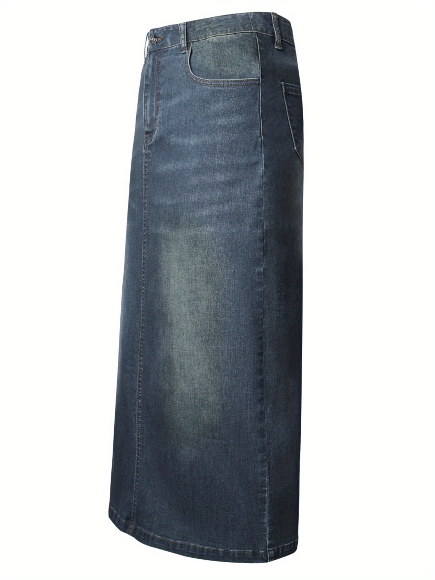 Plain Washed Blue Whiskering Casual Style High Rise Maxi Denim Skirt, Women's Denim Jeans & Clothing