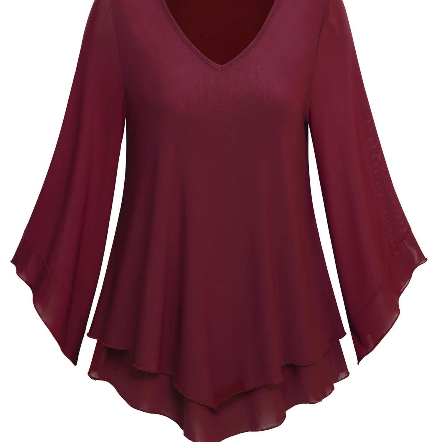 tooluck Womens Blouse Double Layers Mesh Shirt Ruffle 3 F4 Flared Sleeve Tops