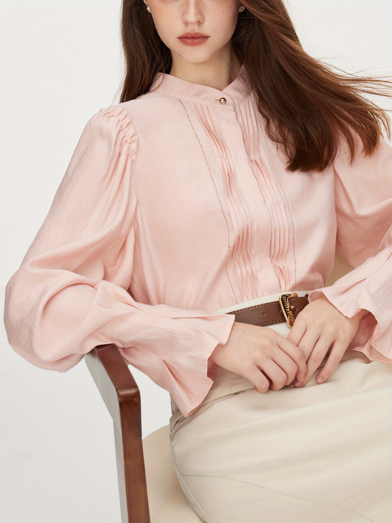 Elegant French-Inspired Women's Blouse - Long Sleeve With Stand Collar & Pleated Detail, Non-Stretch Viscose Blend, Perfect For Fall