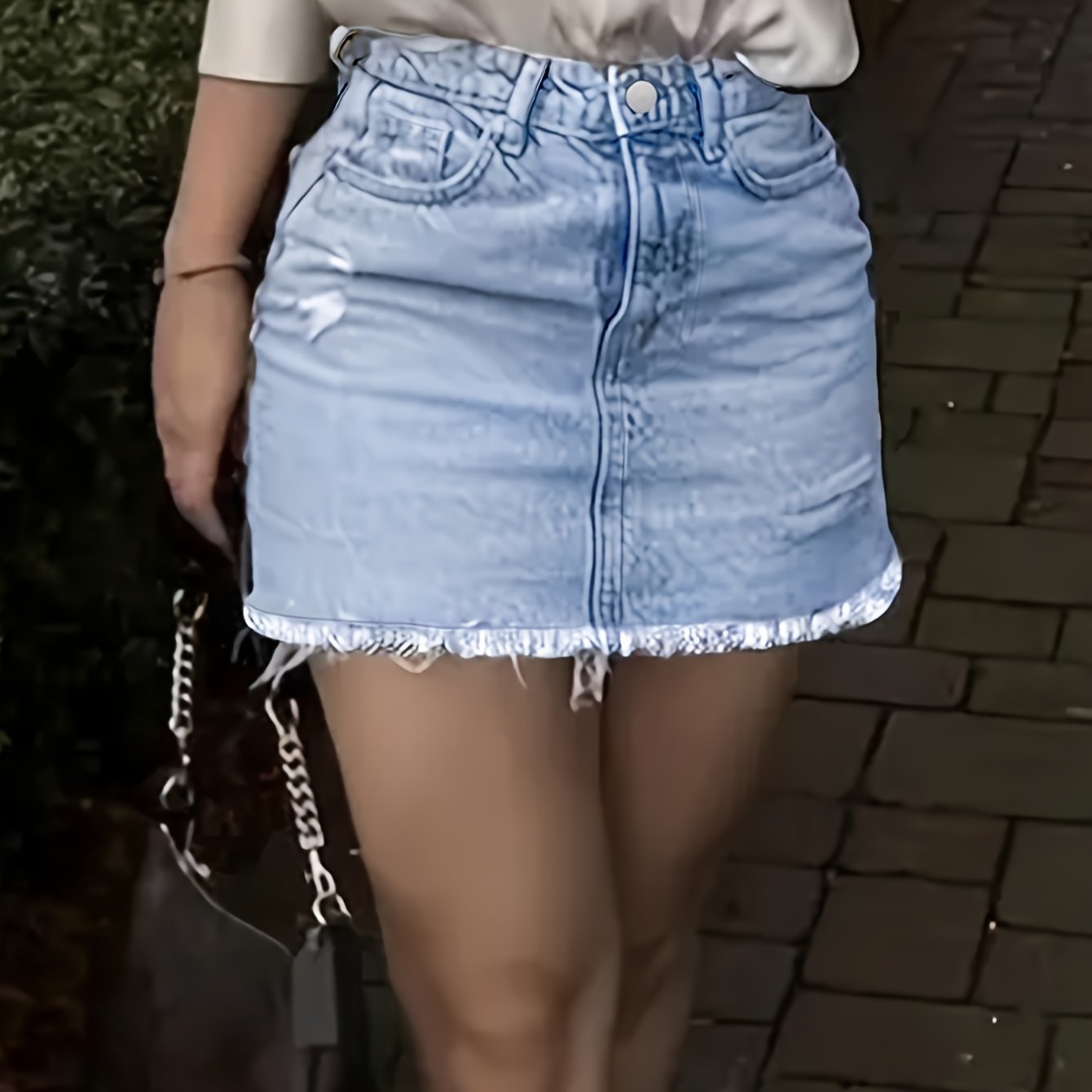 Ripped Raw Hem Plain Washed Blue Y2K Streetwear Style Mini Denim Skirt, Women's Denim Jeans & Clothing
