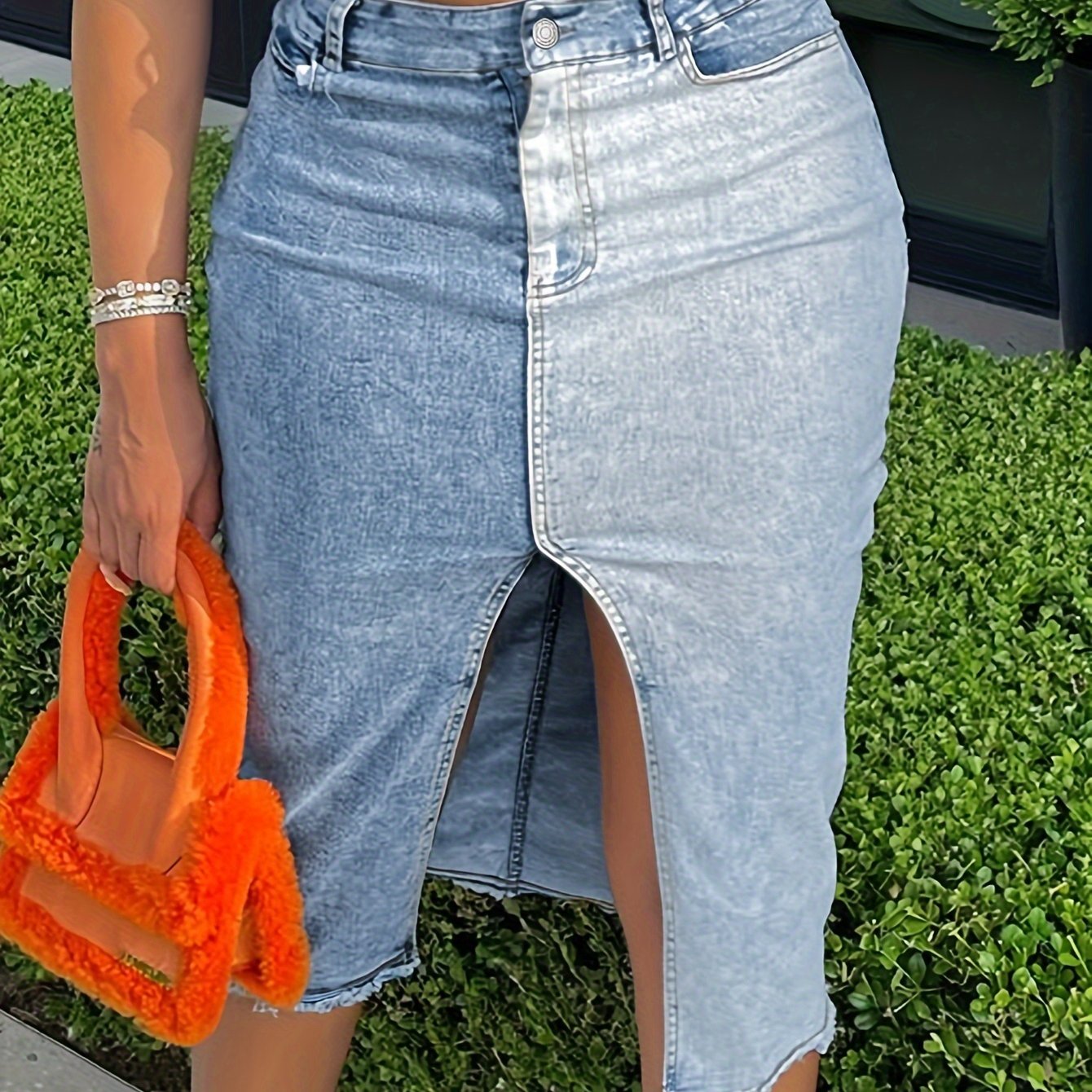 Color Block Patchwork Split Front Streetwear Midi Denim Skirt, Women's Denim Jeans & Clothing