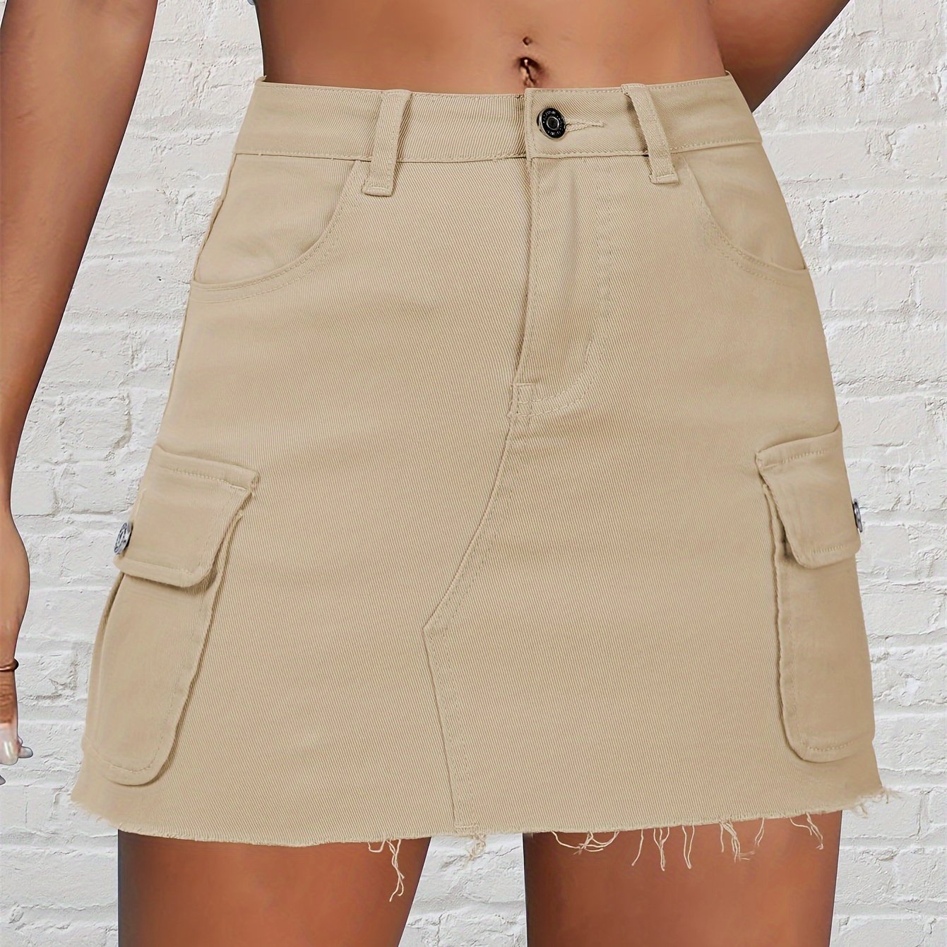 Women's Casual High-Waist Denim Mini Skirt, Cargo Style With Pockets, Frayed Hem Jean Skirt, Plain