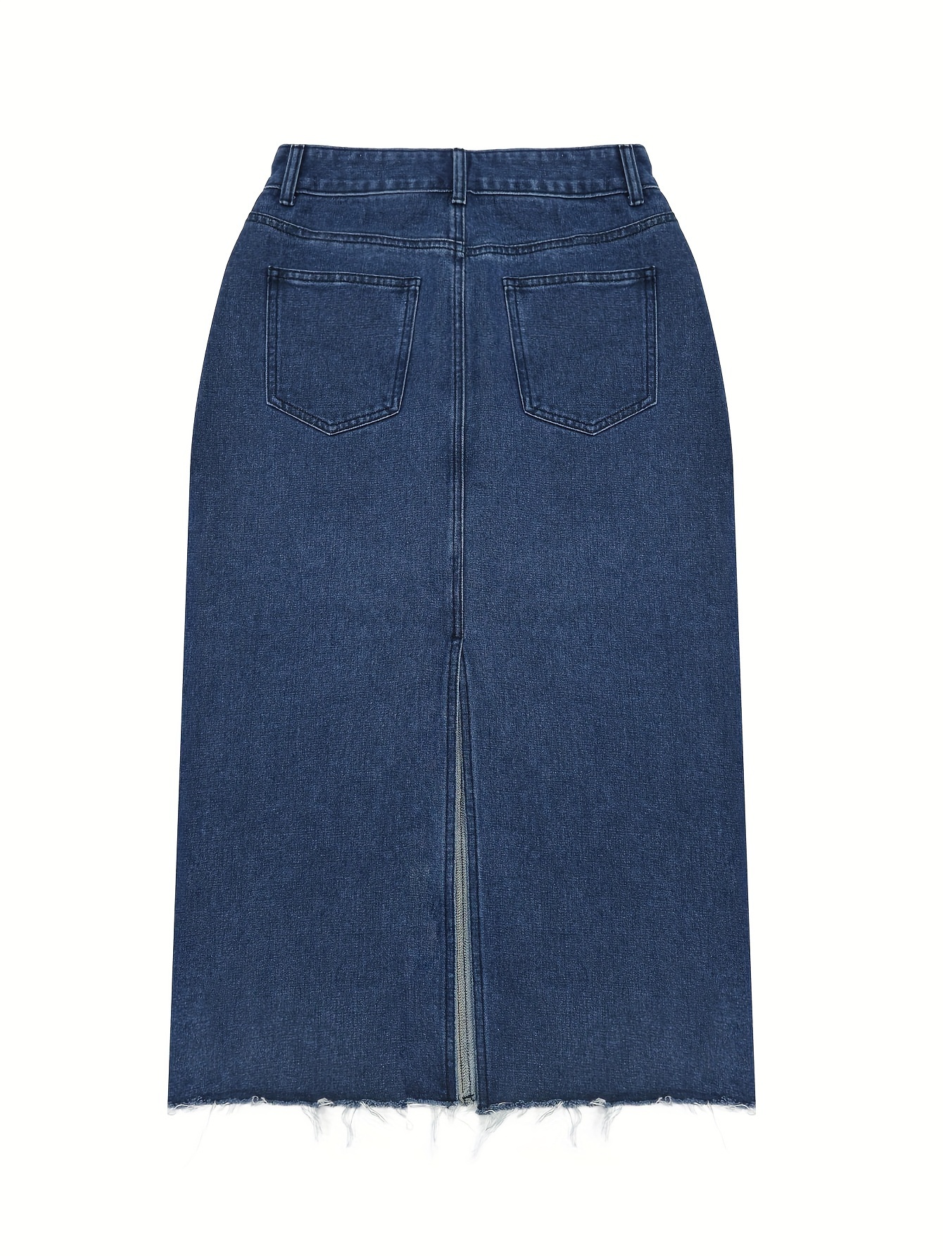 Raw Hem Plain Washed Blue Retro Style Midi Denim Skirt With Slant Pocket, Women's Denim Jeans & Clothing