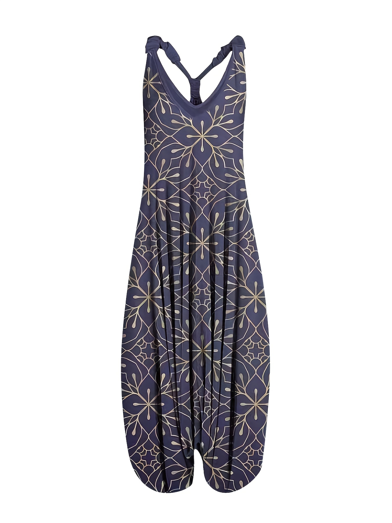 Allover Print V Neck Harem Jumpsuit, Casual Spaghetti Strap Jumpsuit For Spring & Summer, Women's Clothing