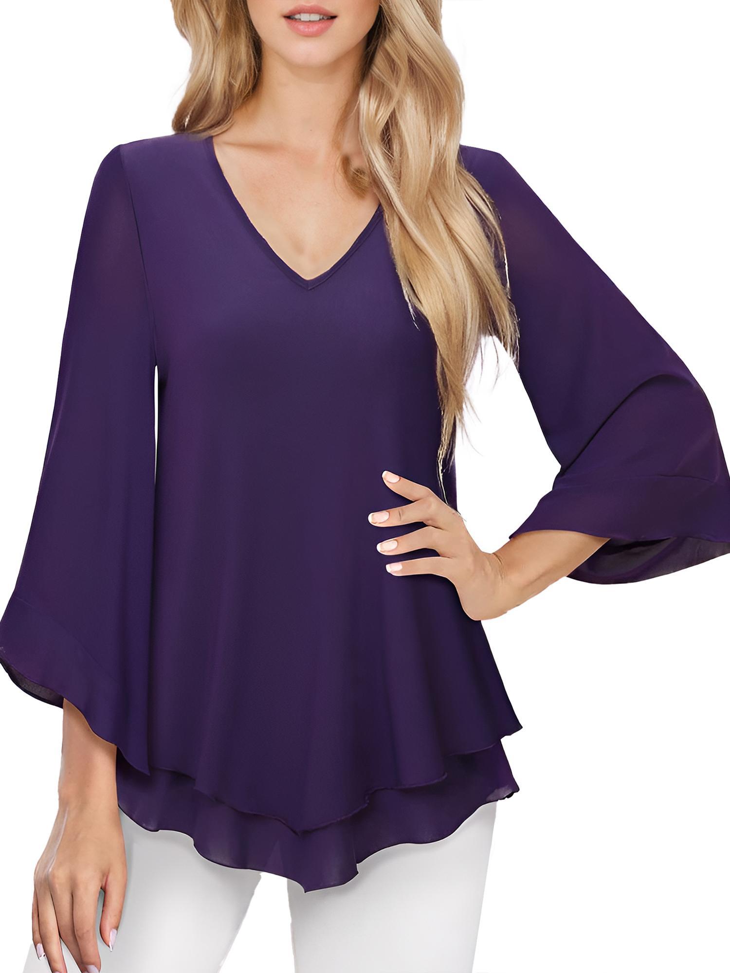 tooluck Womens Blouse Double Layers Mesh Shirt Ruffle 3 F4 Flared Sleeve Tops