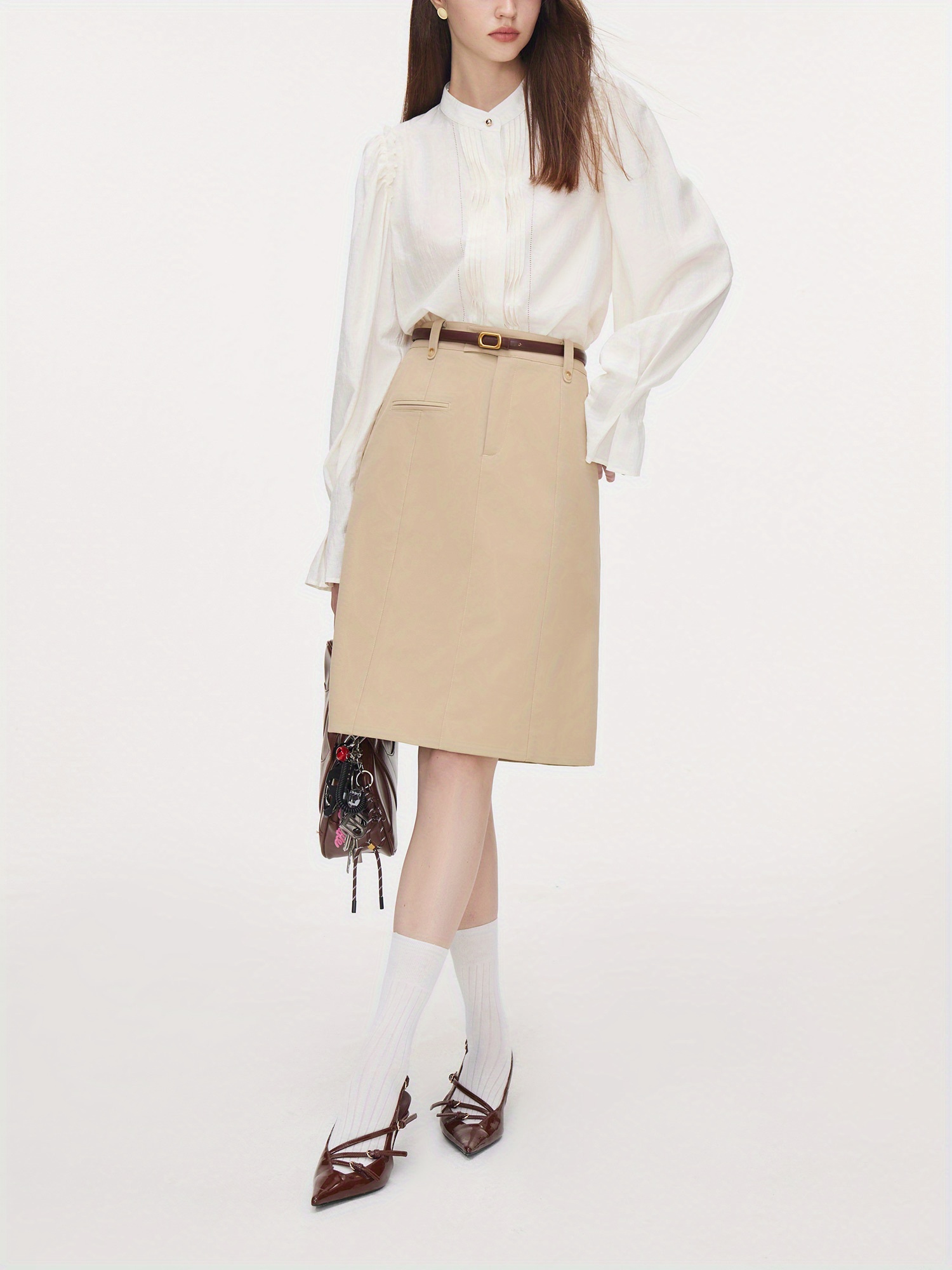 Elegant French-Inspired Women's Blouse - Long Sleeve With Stand Collar & Pleated Detail, Non-Stretch Viscose Blend, Perfect For Fall