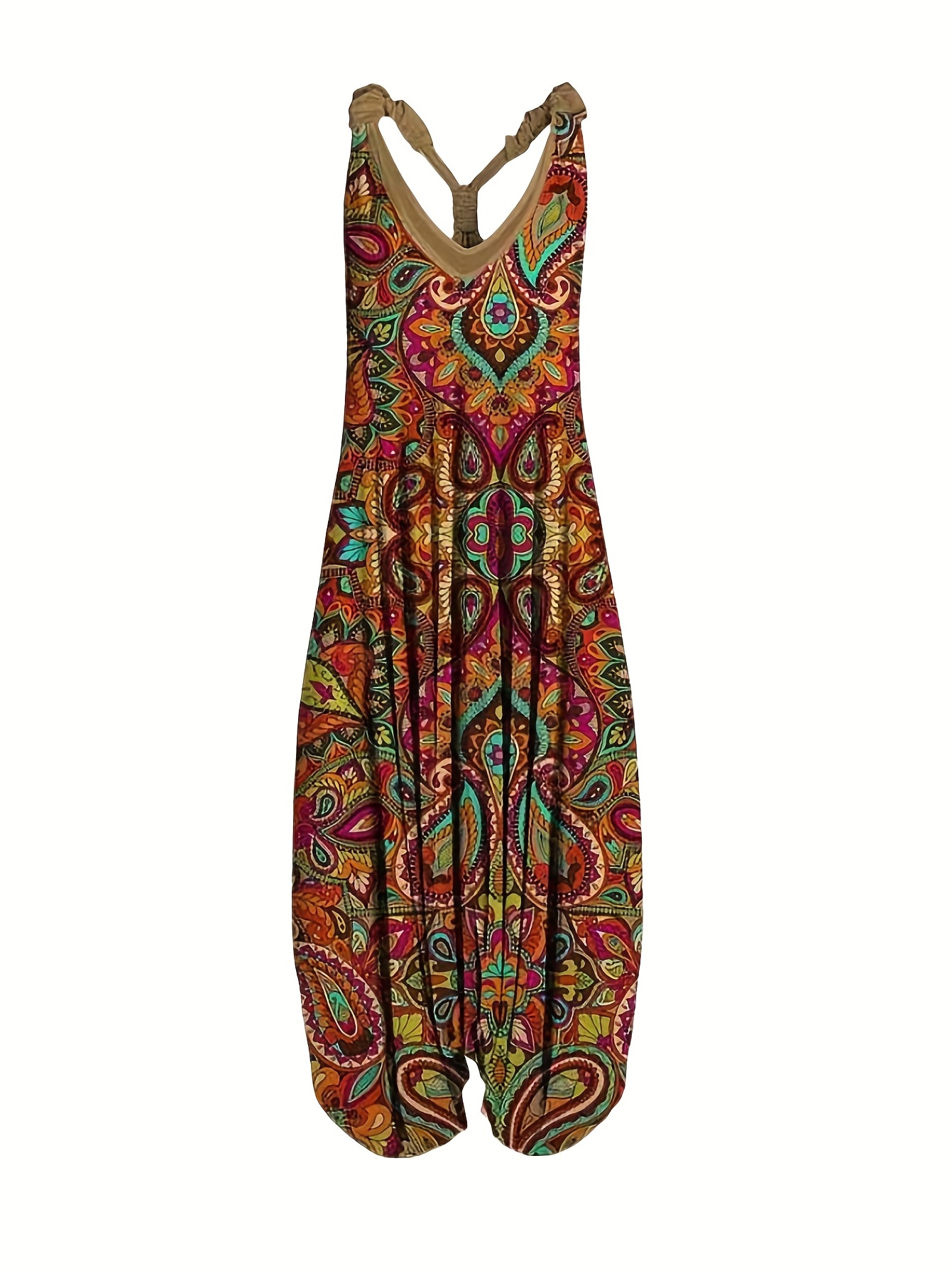 Vibrant Graphic Print Long Sleeveless V Neck Baggy Jumpsuit for Women - Relaxed Fit, Mid Elasticity, Machine Washable, Perfect for Summer Casual Occasions